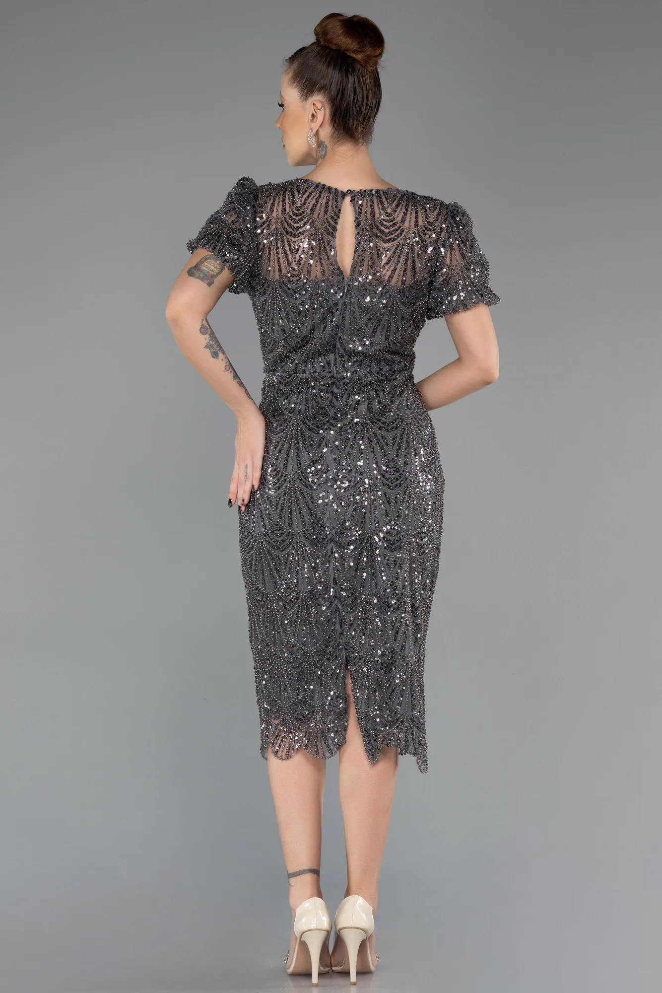 Anthracite-Midi Beaded Party Dress ABK2472