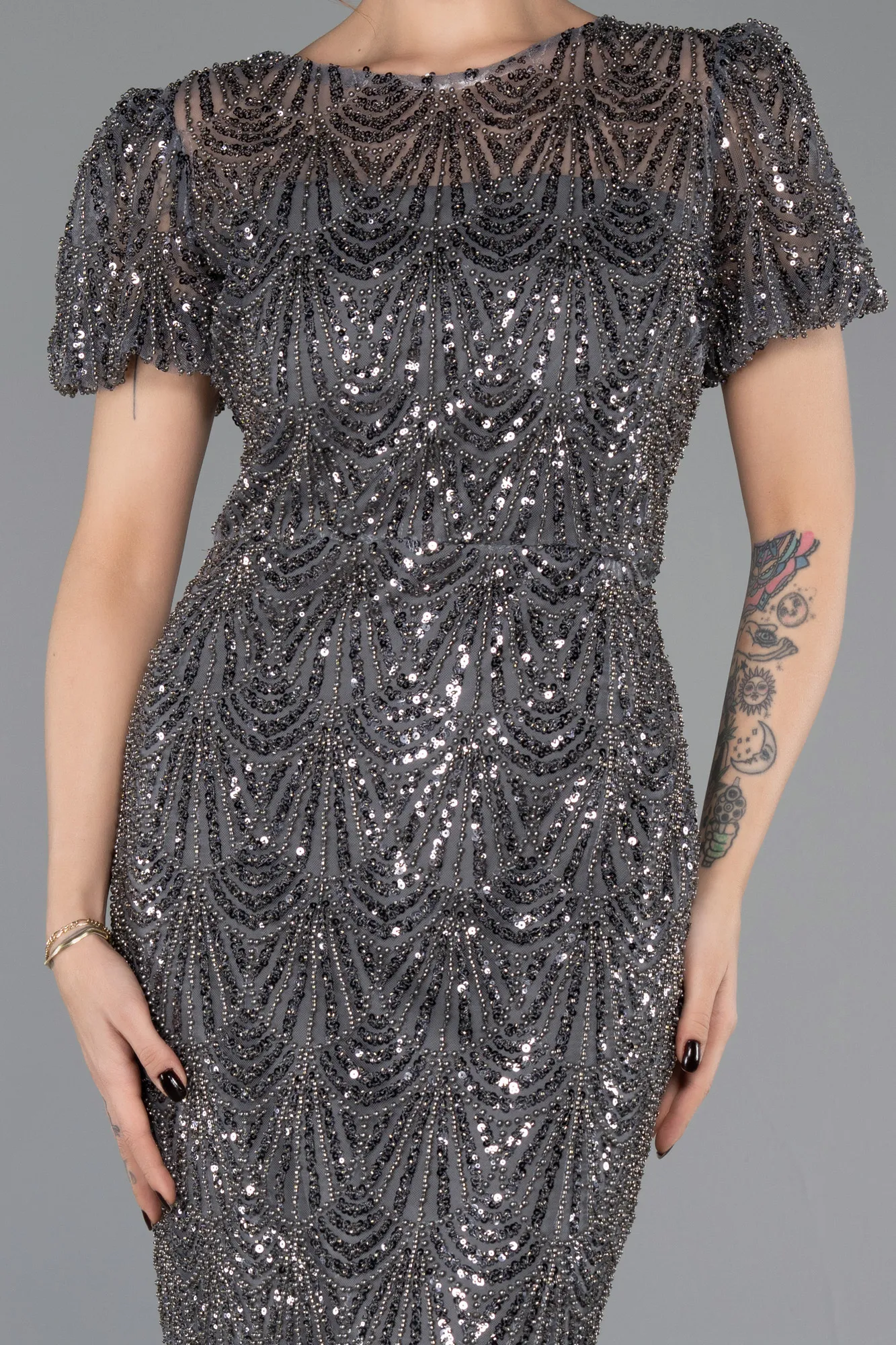 Anthracite-Midi Beaded Party Dress ABK2472