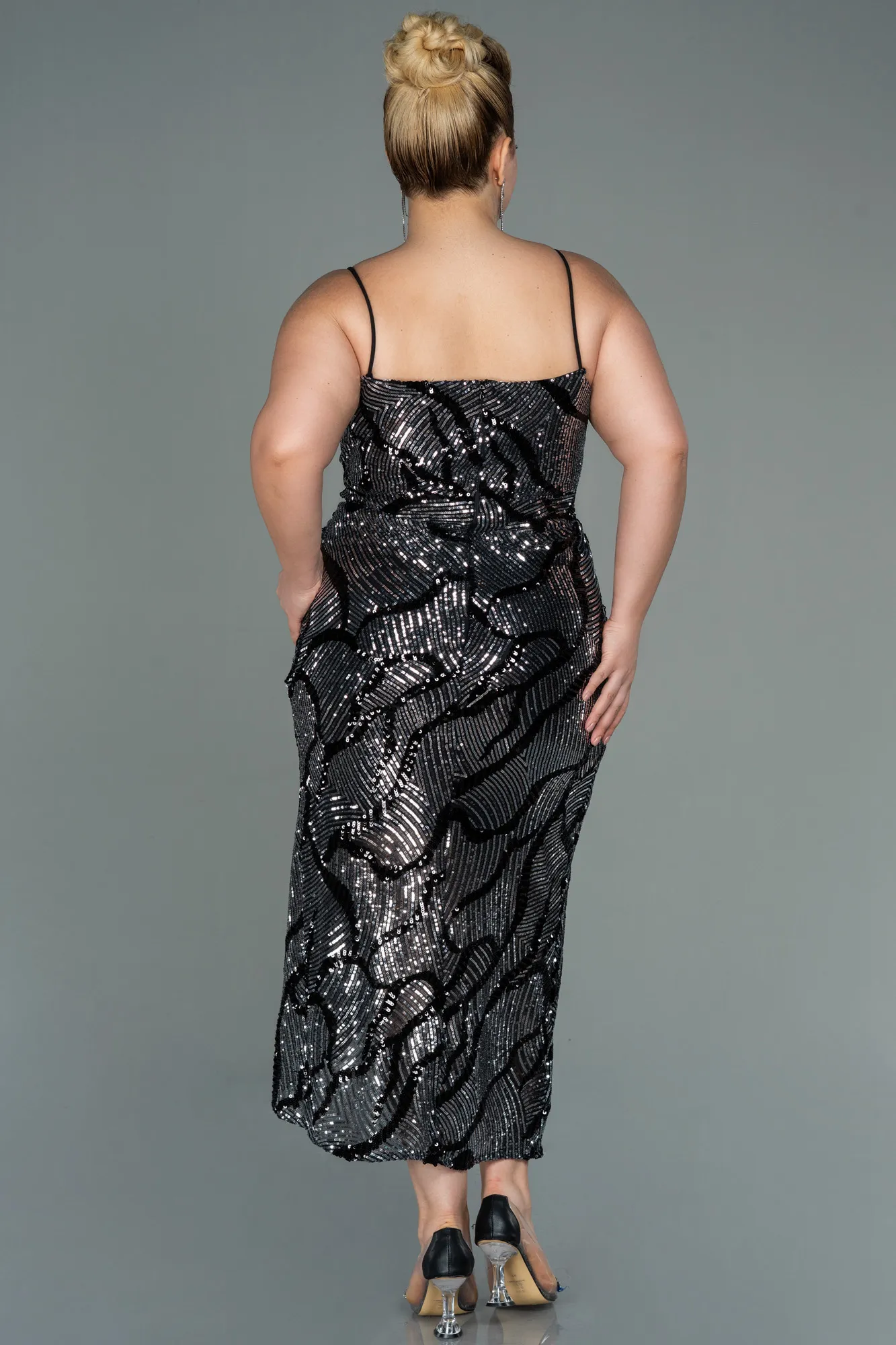 Anthracite-Midi Plus Size Evening Dress ABK1349