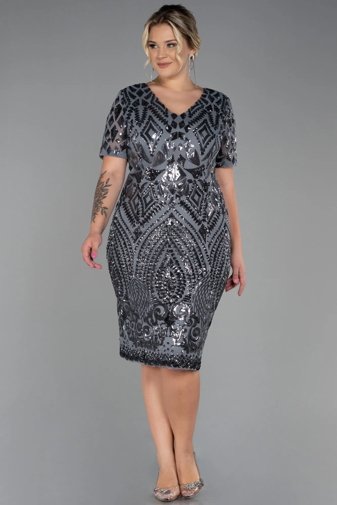 Anthracite-Midi Plus Size Evening Dress ABK1624