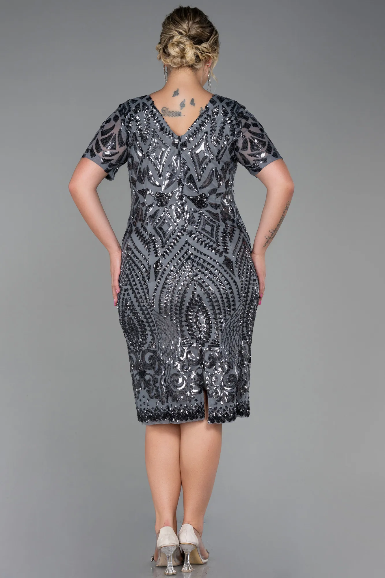 Anthracite-Midi Plus Size Evening Dress ABK1624