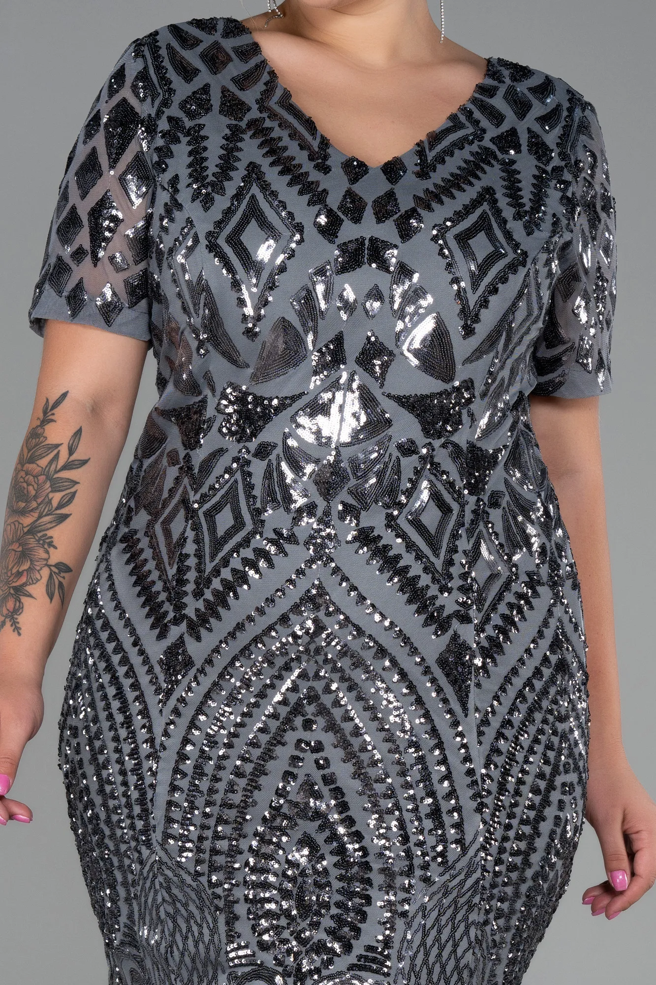 Anthracite-Midi Plus Size Evening Dress ABK1624