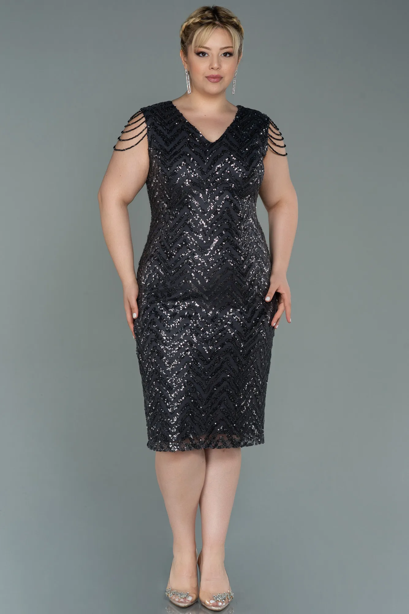 Anthracite-Midi Plus Size Evening Dress ABK1730