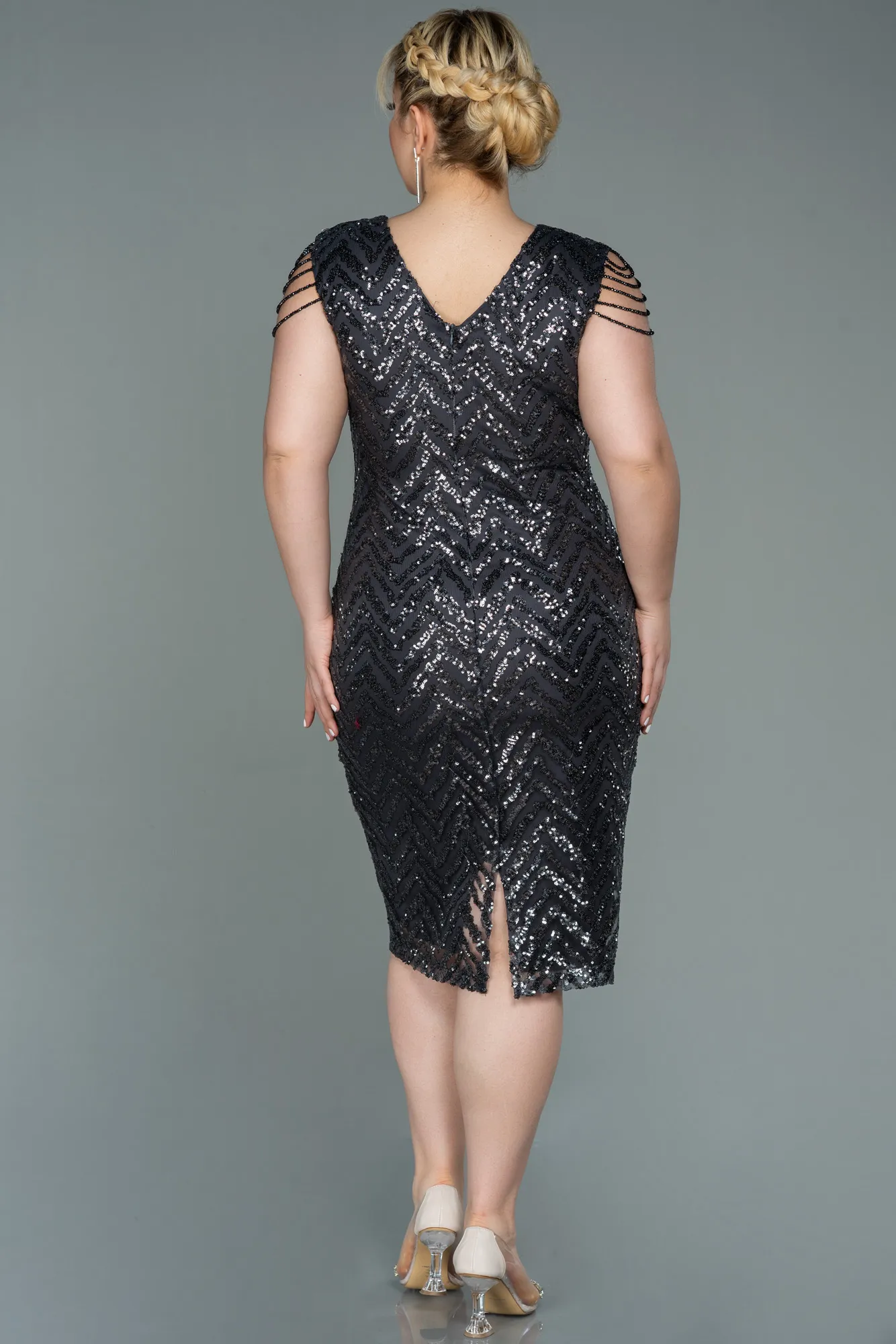 Anthracite-Midi Plus Size Evening Dress ABK1730