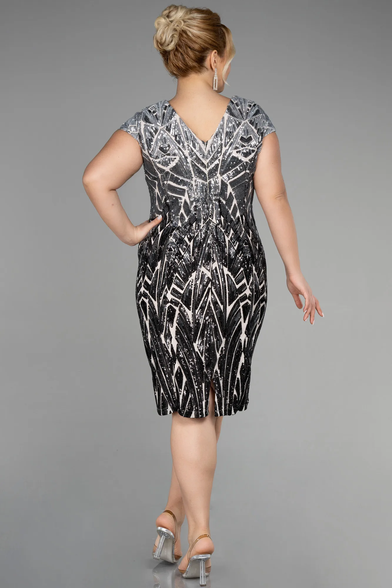 Anthracite-Midi Scaly Plus Size Evening Dress ABK1805