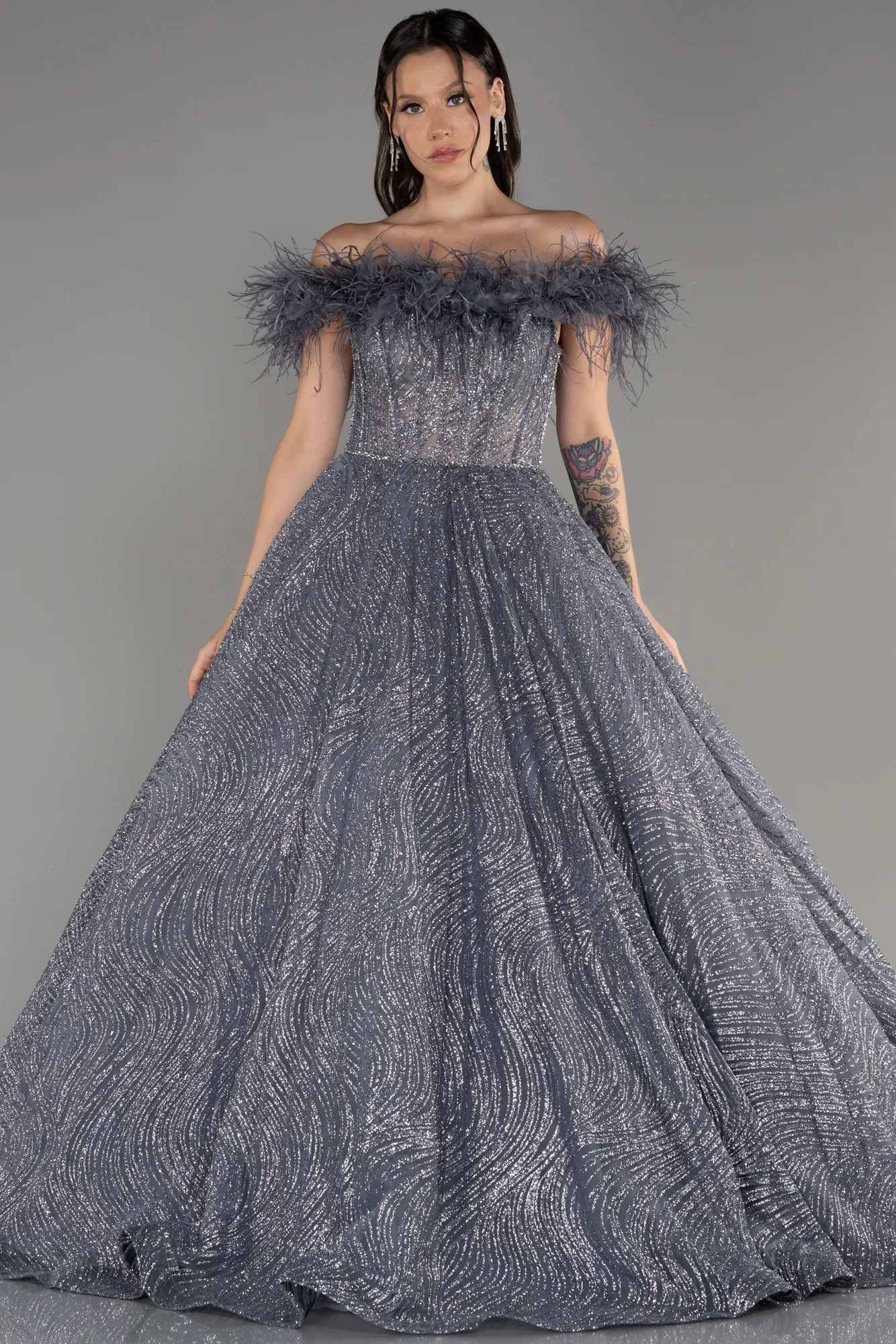 Anthracite-Off The Shoulder Long Silvery Ball Gown ABU4009