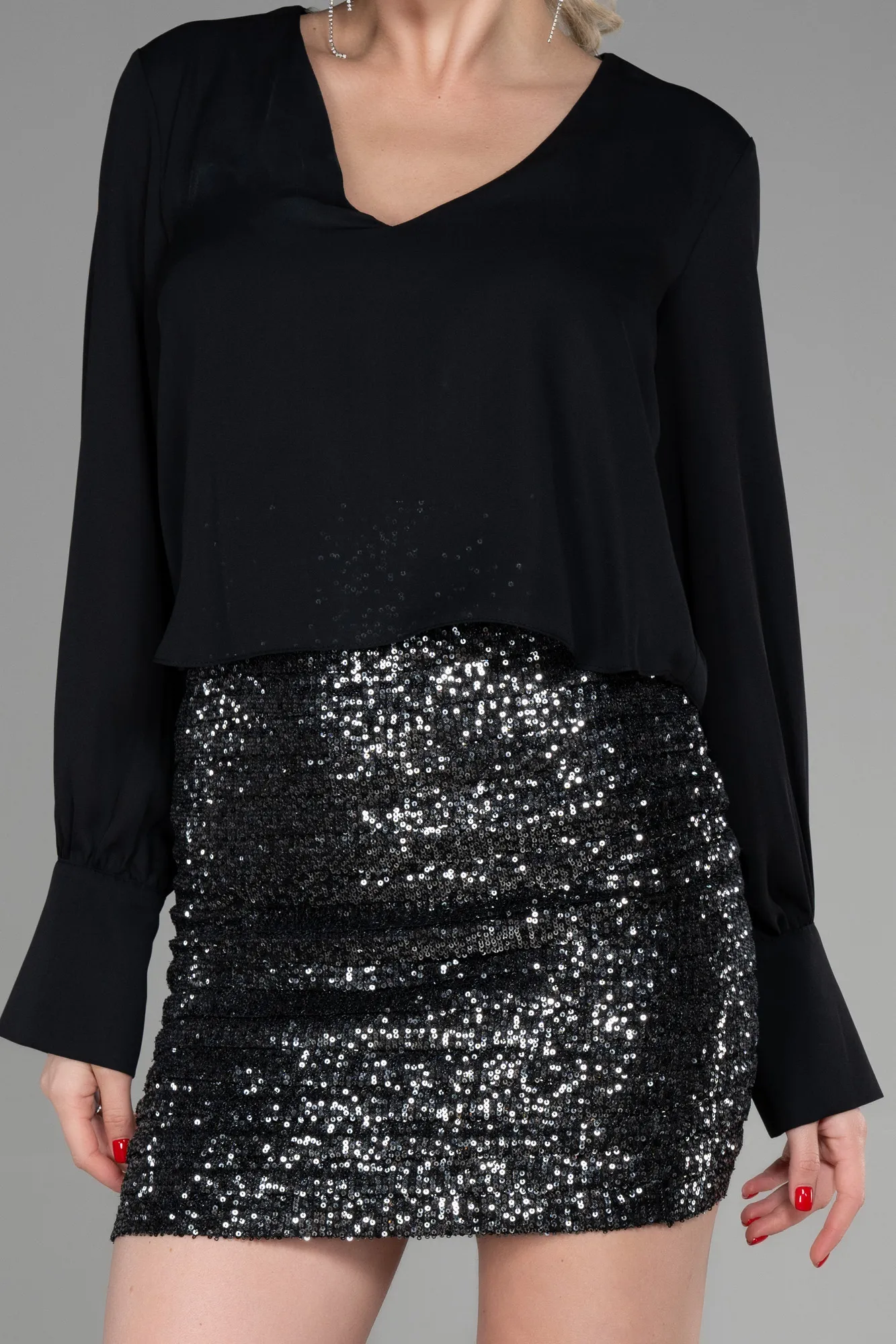 Anthracite-Short Chiffon Night Dress ABK1904