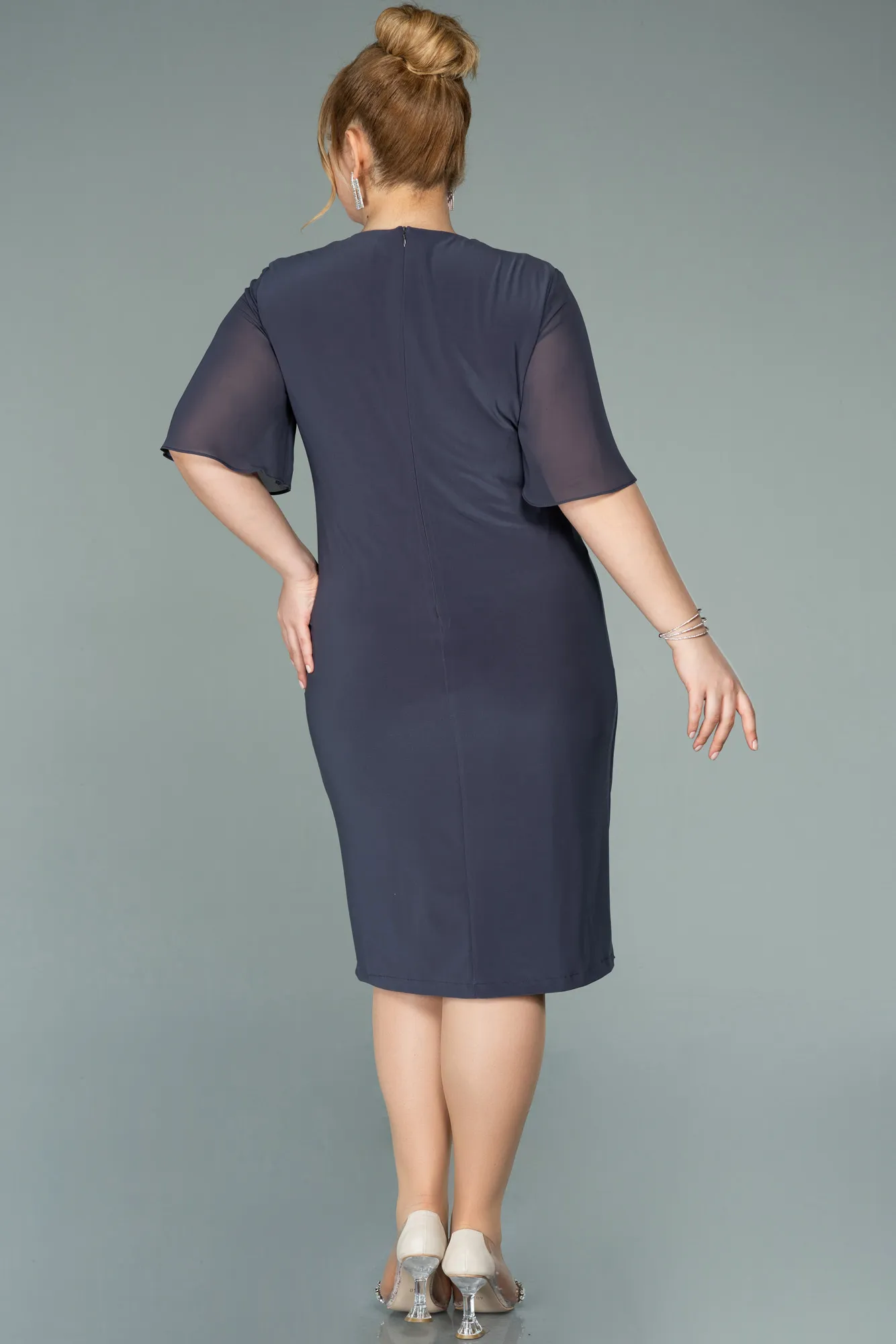 Anthracite-Short Chiffon Plus Size Evening Dress ABK1299