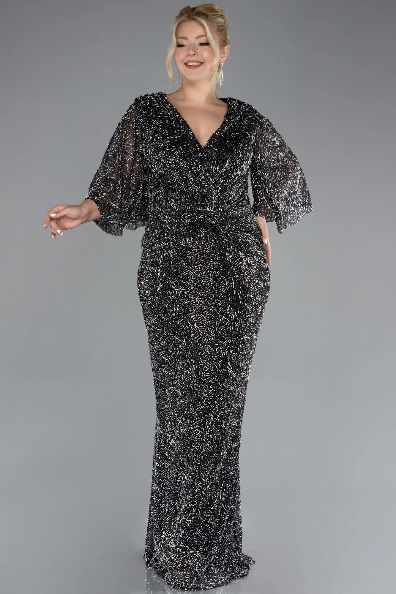 Anthracite-Short Sleeve Beaded Long Plus Size Evening Gown ABU4390