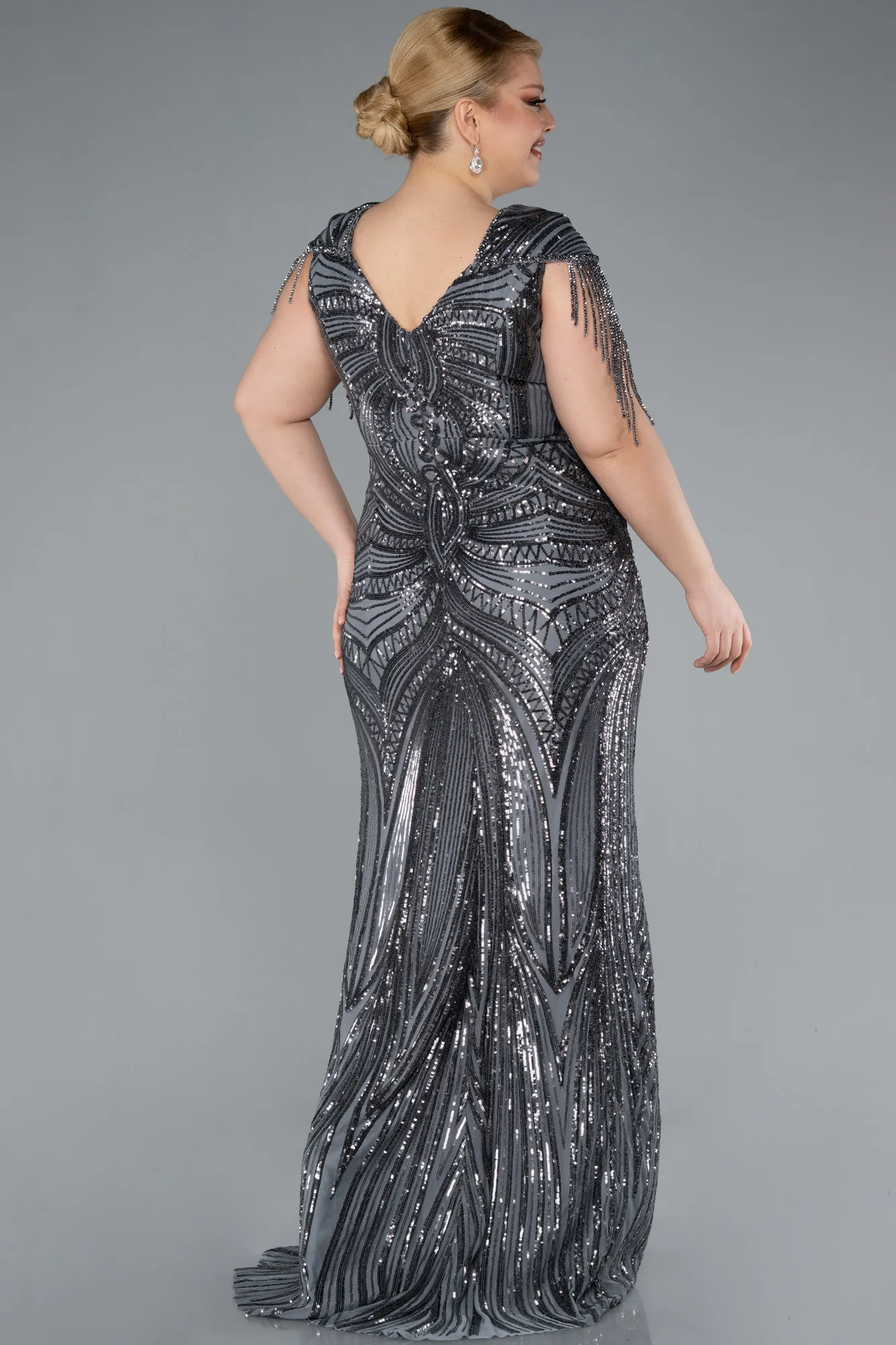 Anthracite-Short Sleeve V Neck Long Sequin Plus Size Evening Gown ABU4821