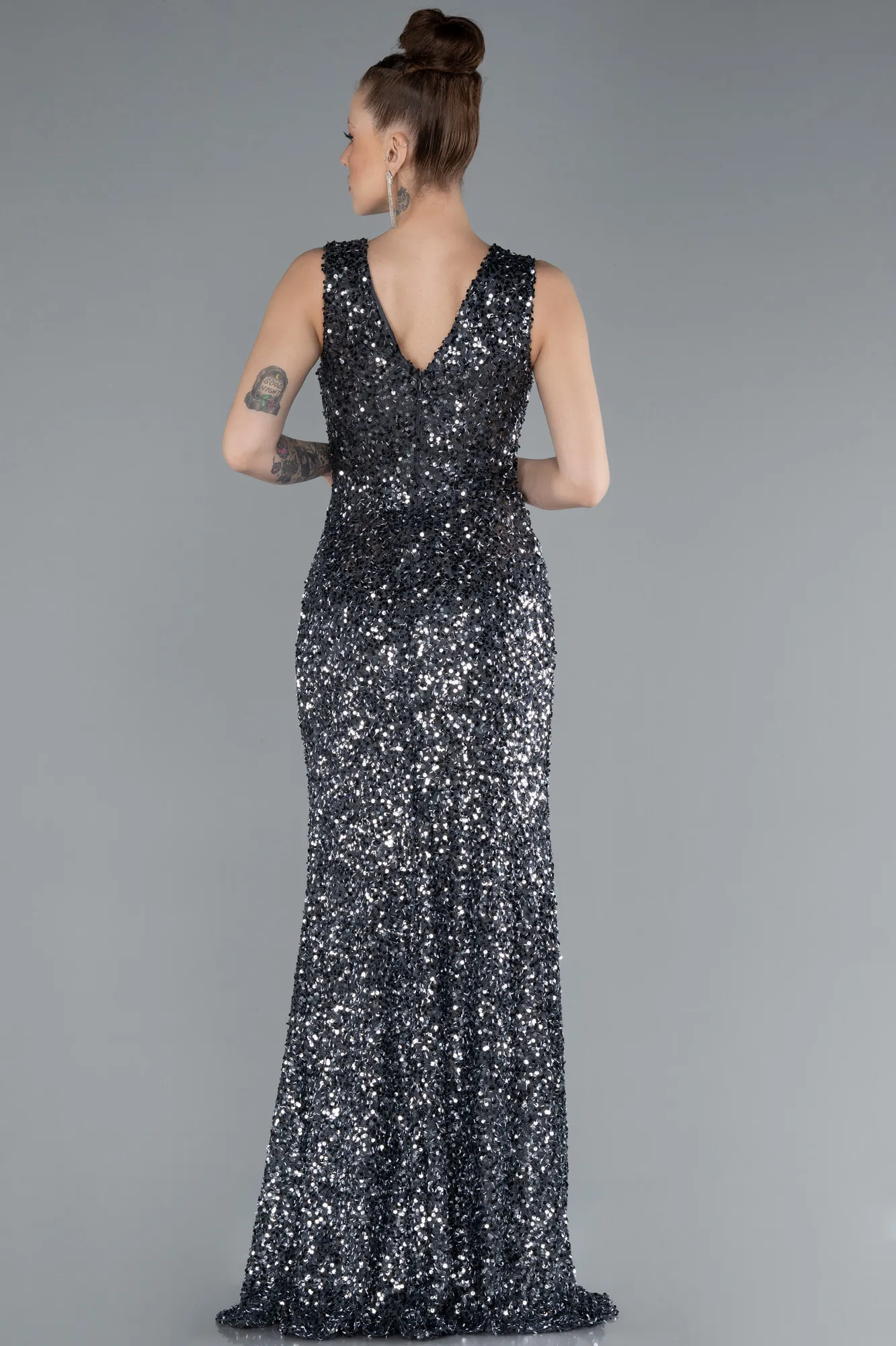 Anthracite-Sleeveless Slit Long Sequin Evening Gown ABU4672