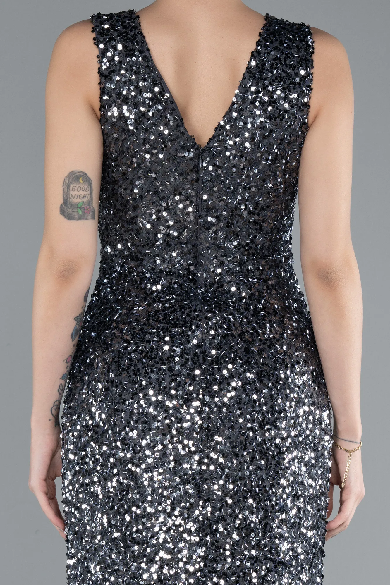 Anthracite-Sleeveless Slit Long Sequin Evening Gown ABU4672