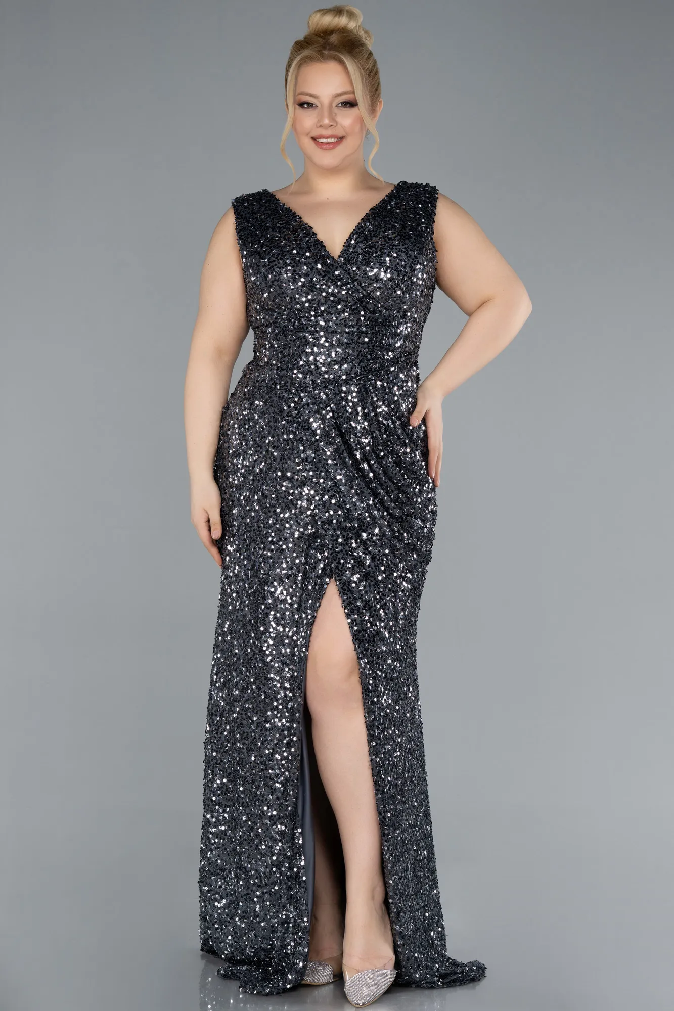 Anthracite-Sleeveless Slit Long Sequin Plus Size Evening Gown ABU4673