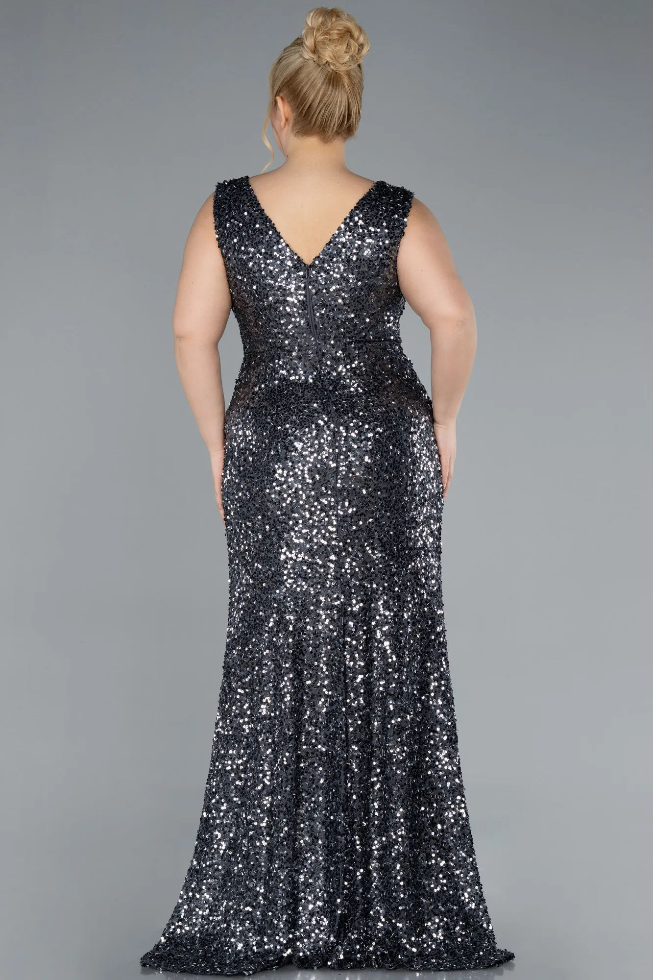 Anthracite-Sleeveless Slit Long Sequin Plus Size Evening Gown ABU4673