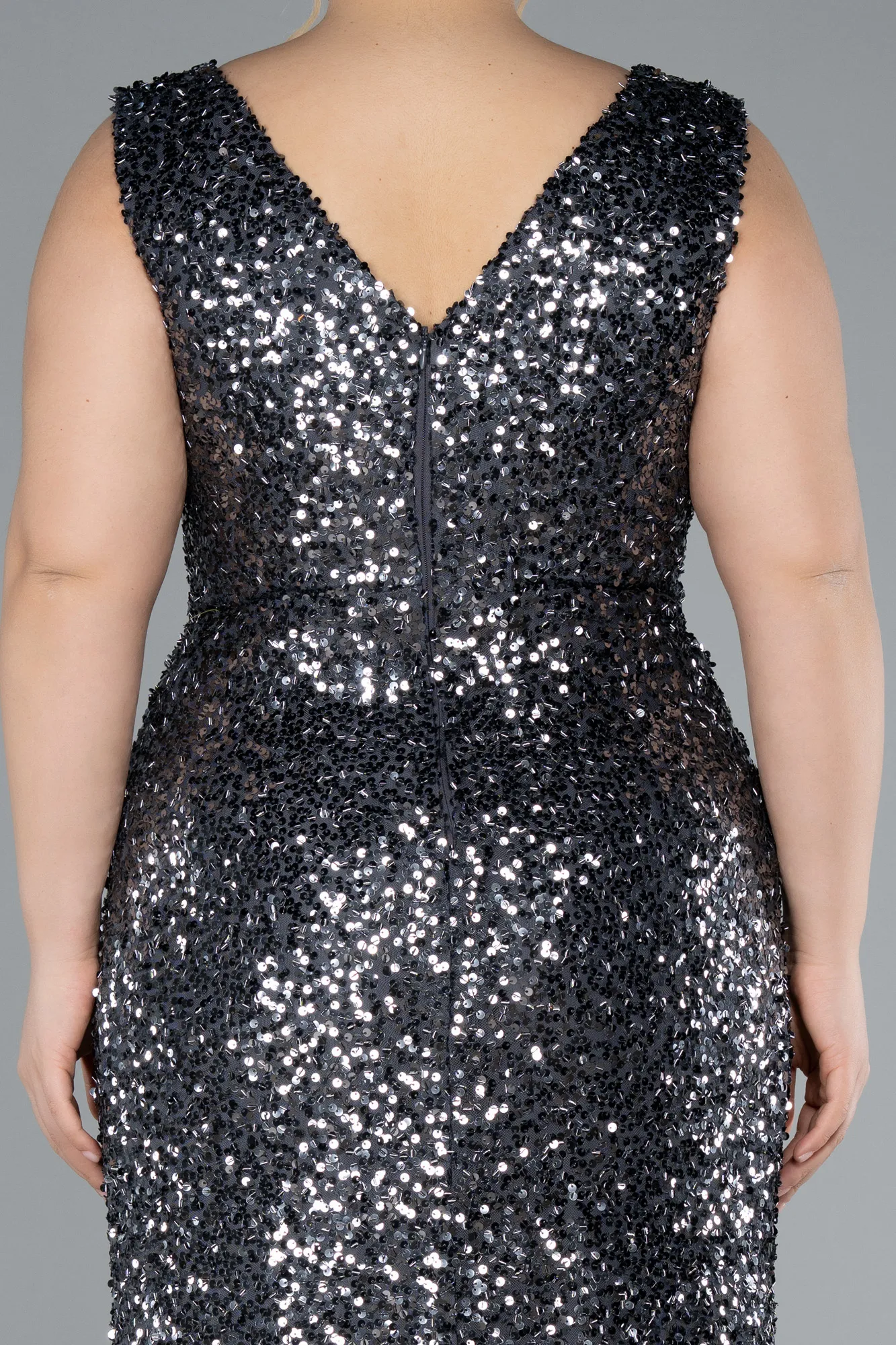 Anthracite-Sleeveless Slit Long Sequin Plus Size Evening Gown ABU4673