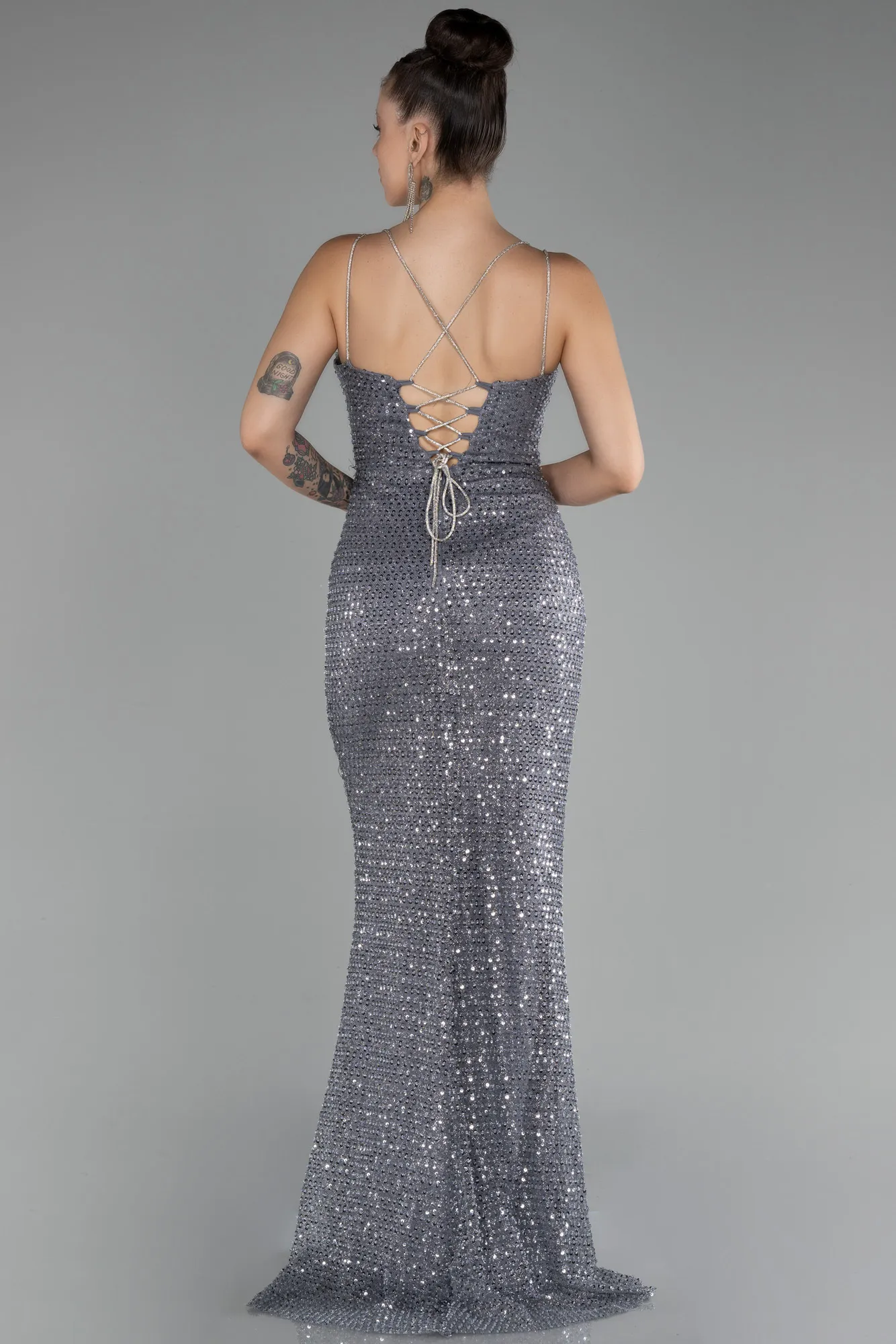 Anthracite-Slit Long Stony Evening Dress ABU4164