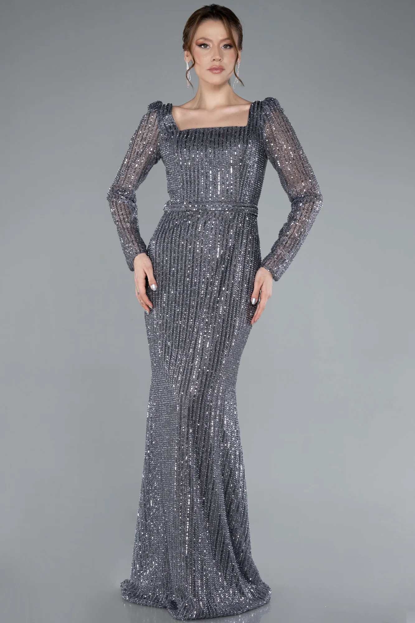 Anthracite-Square Neck Beaded Long Evening Gown ABU4804