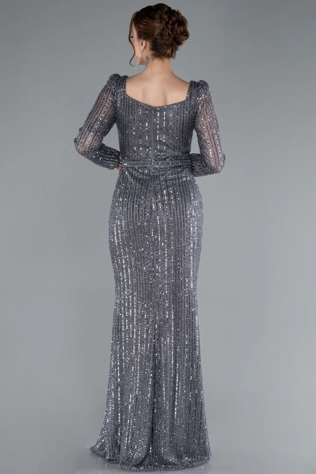 Anthracite-Square Neck Beaded Long Evening Gown ABU4804