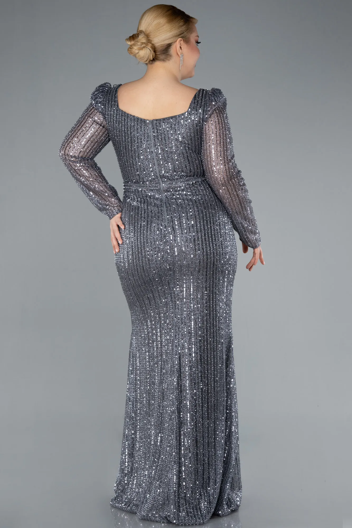 Anthracite-Square Neck Beaded Long Plus Size Evening Gown ABU4805