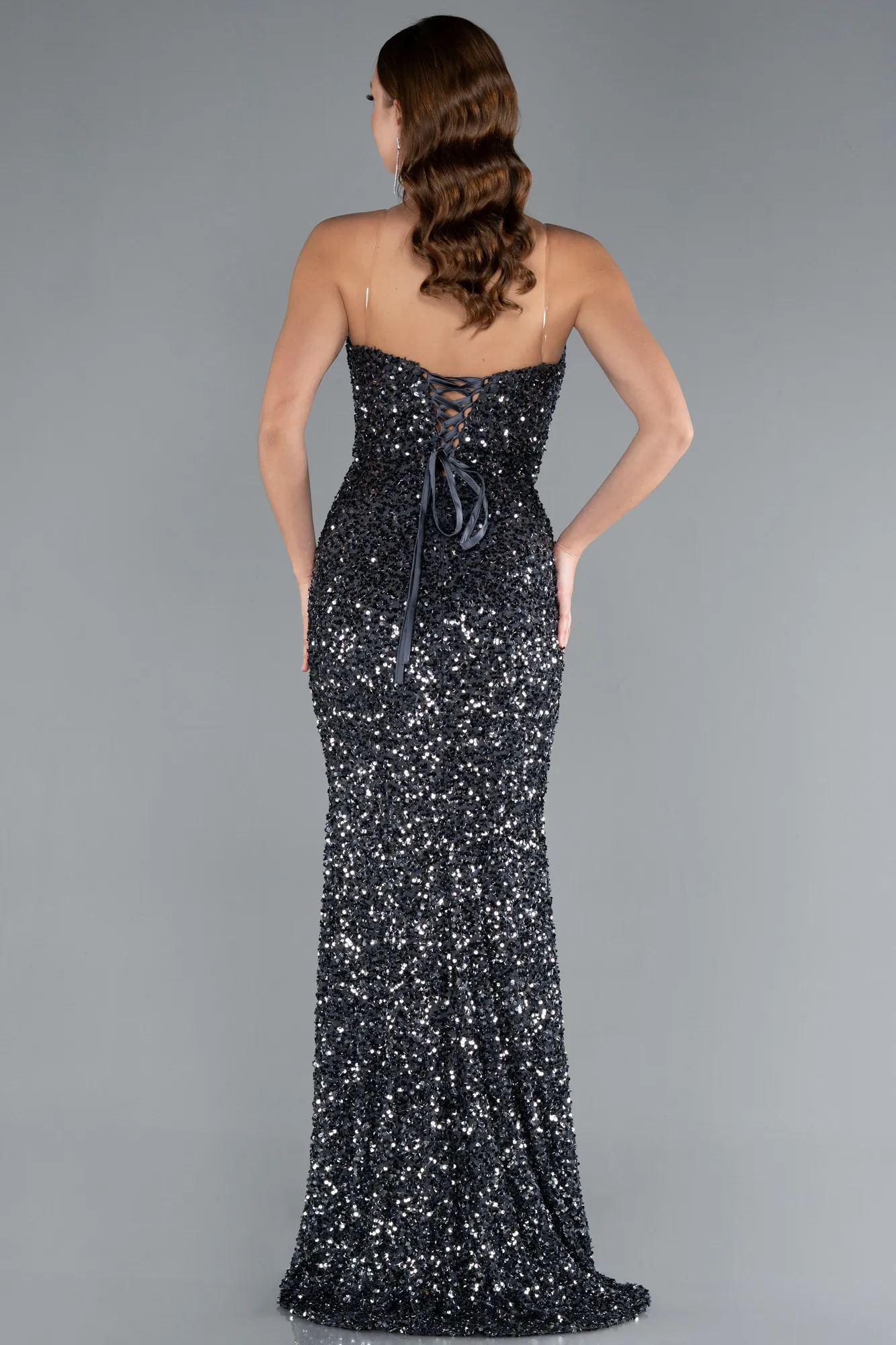 Anthracite-Strapless Long Scaly Mermaid Evening Gown ABU4816