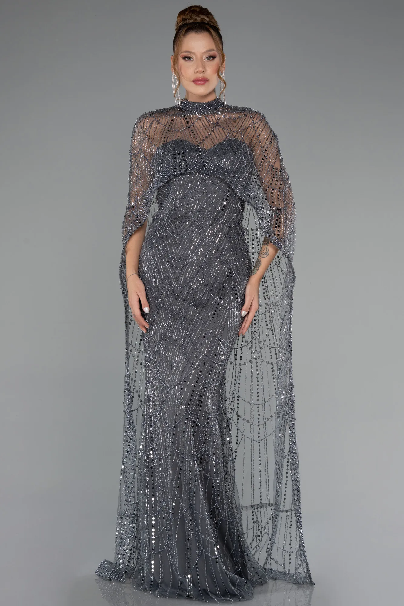 Anthracite-Strapless Shawl Stoned Long Evening Gown ABU4517