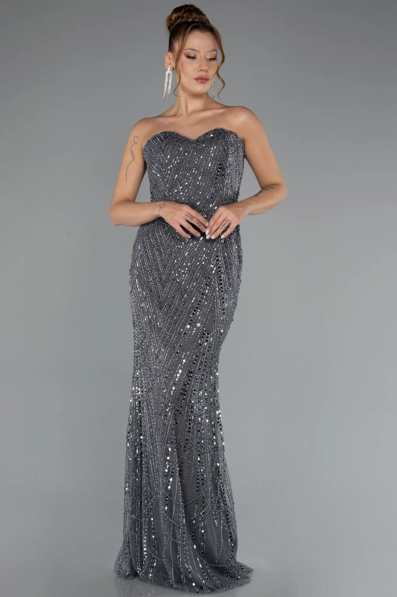 Anthracite-Strapless Shawl Stoned Long Evening Gown ABU4517
