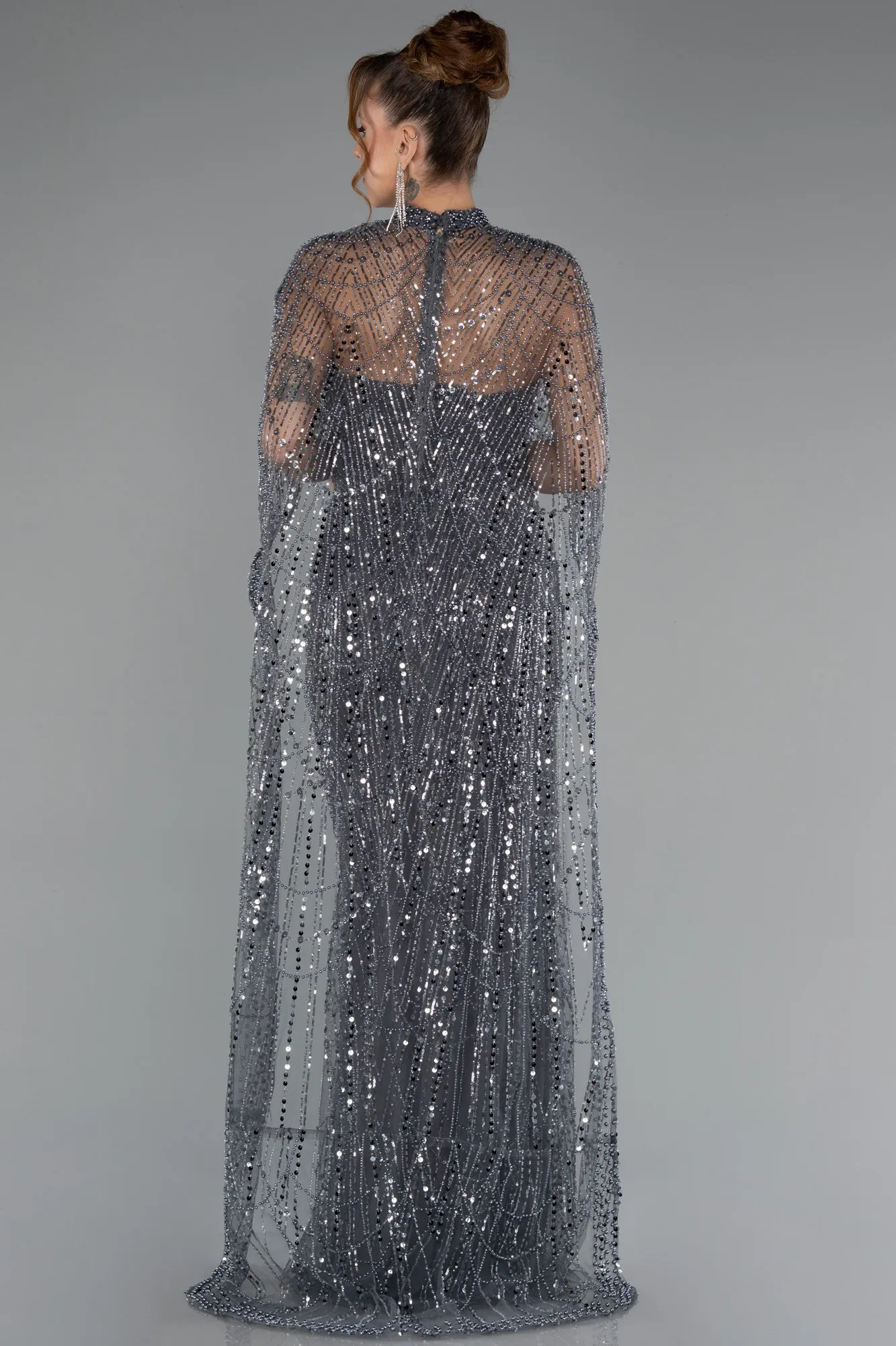 Anthracite-Strapless Shawl Stoned Long Evening Gown ABU4517