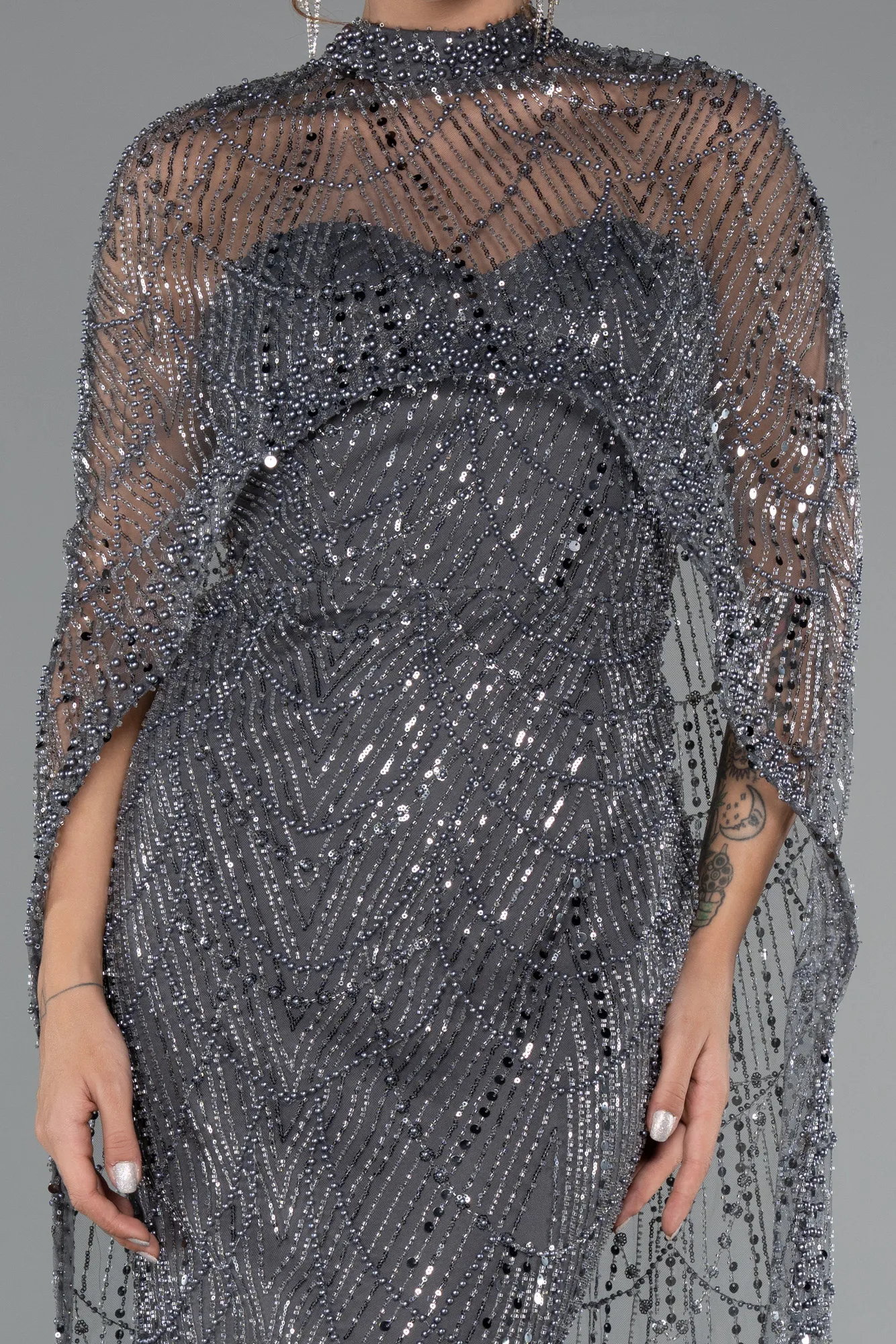 Anthracite-Strapless Shawl Stoned Long Evening Gown ABU4517