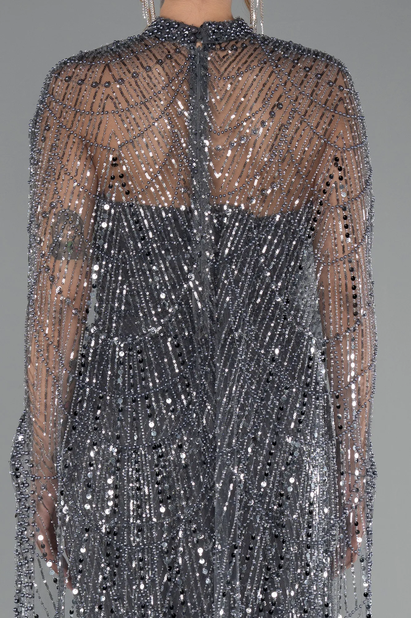 Anthracite-Strapless Shawl Stoned Long Evening Gown ABU4517