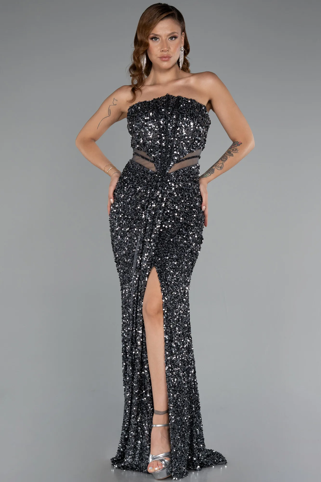 Anthracite-Strapless Slit Long Sequined Special Design Evening Gown ABU4799