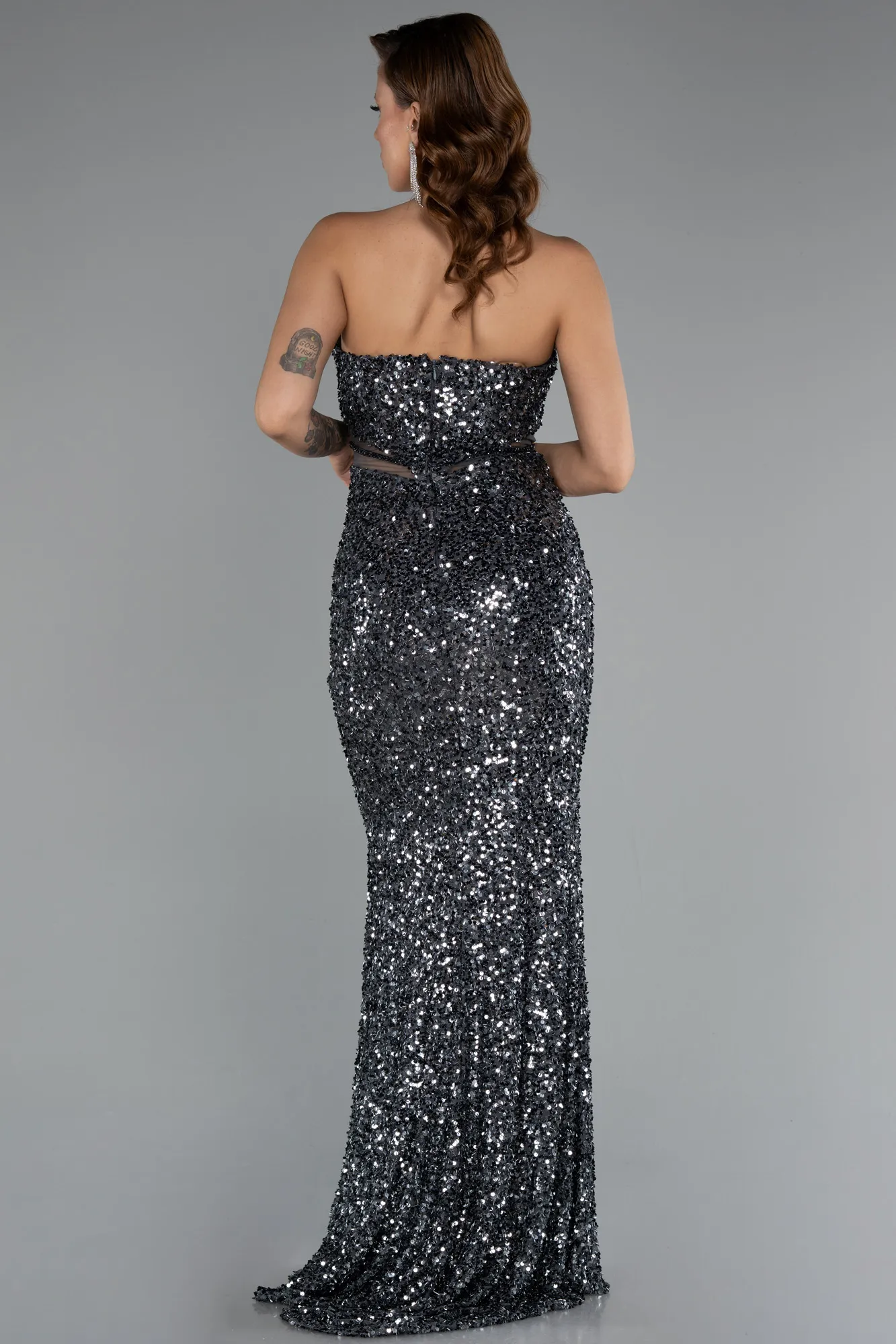 Anthracite-Strapless Slit Long Sequined Special Design Evening Gown ABU4799
