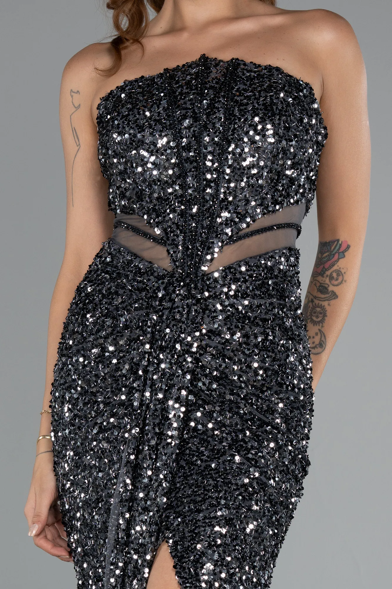 Anthracite-Strapless Slit Long Sequined Special Design Evening Gown ABU4799