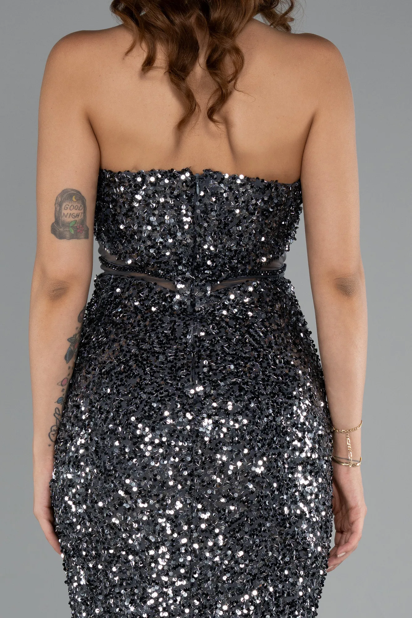 Anthracite-Strapless Slit Long Sequined Special Design Evening Gown ABU4799