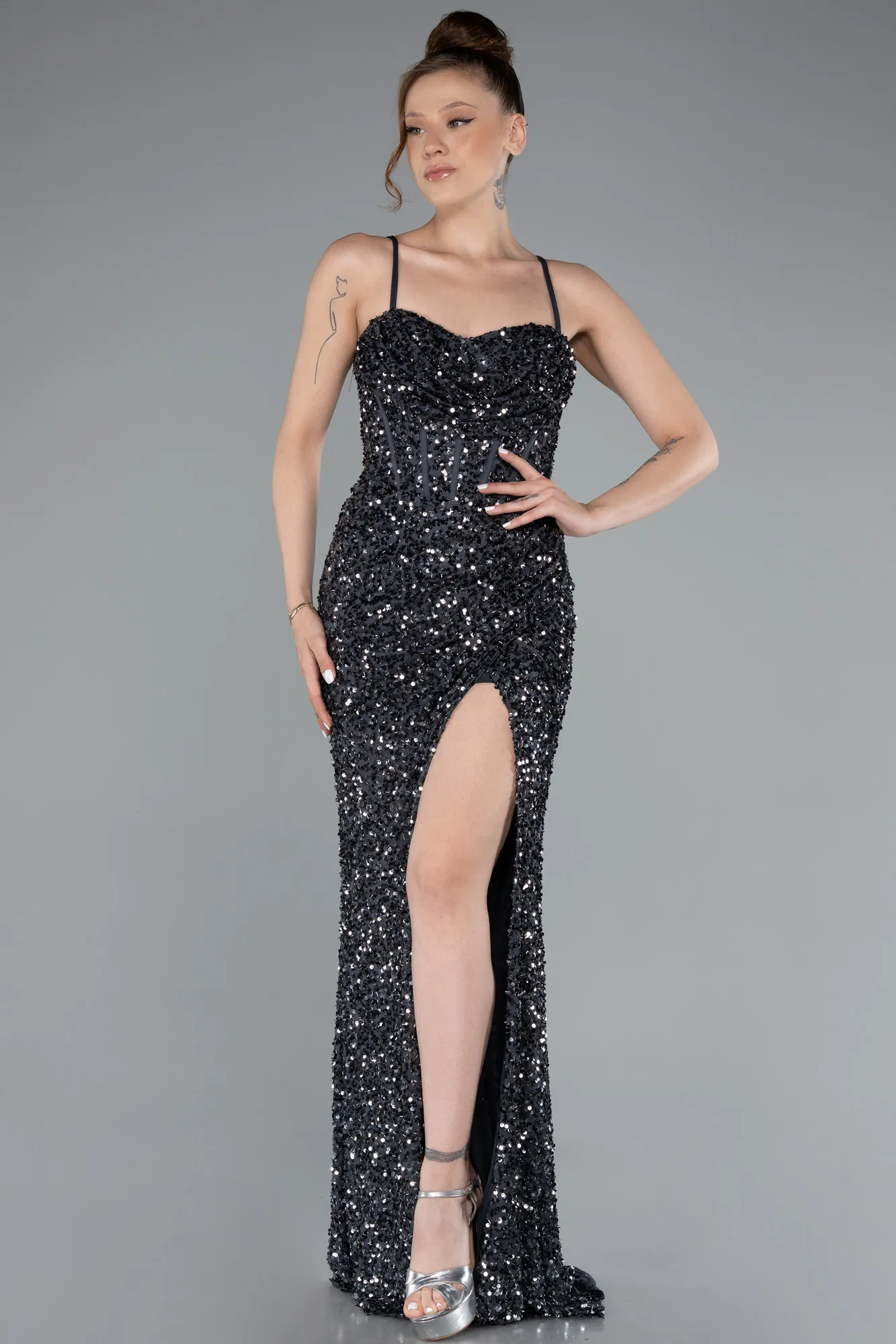 Anthracite-Strapless Underwire Slit Long Sequin Evening Gown ABU4842