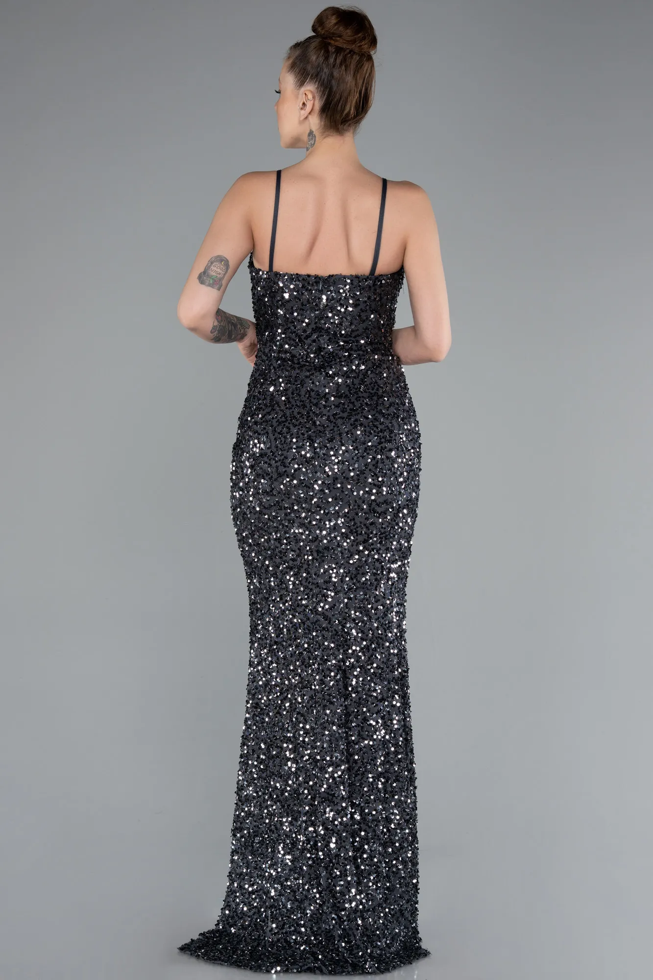 Anthracite-Strapless Underwire Slit Long Sequin Evening Gown ABU4842