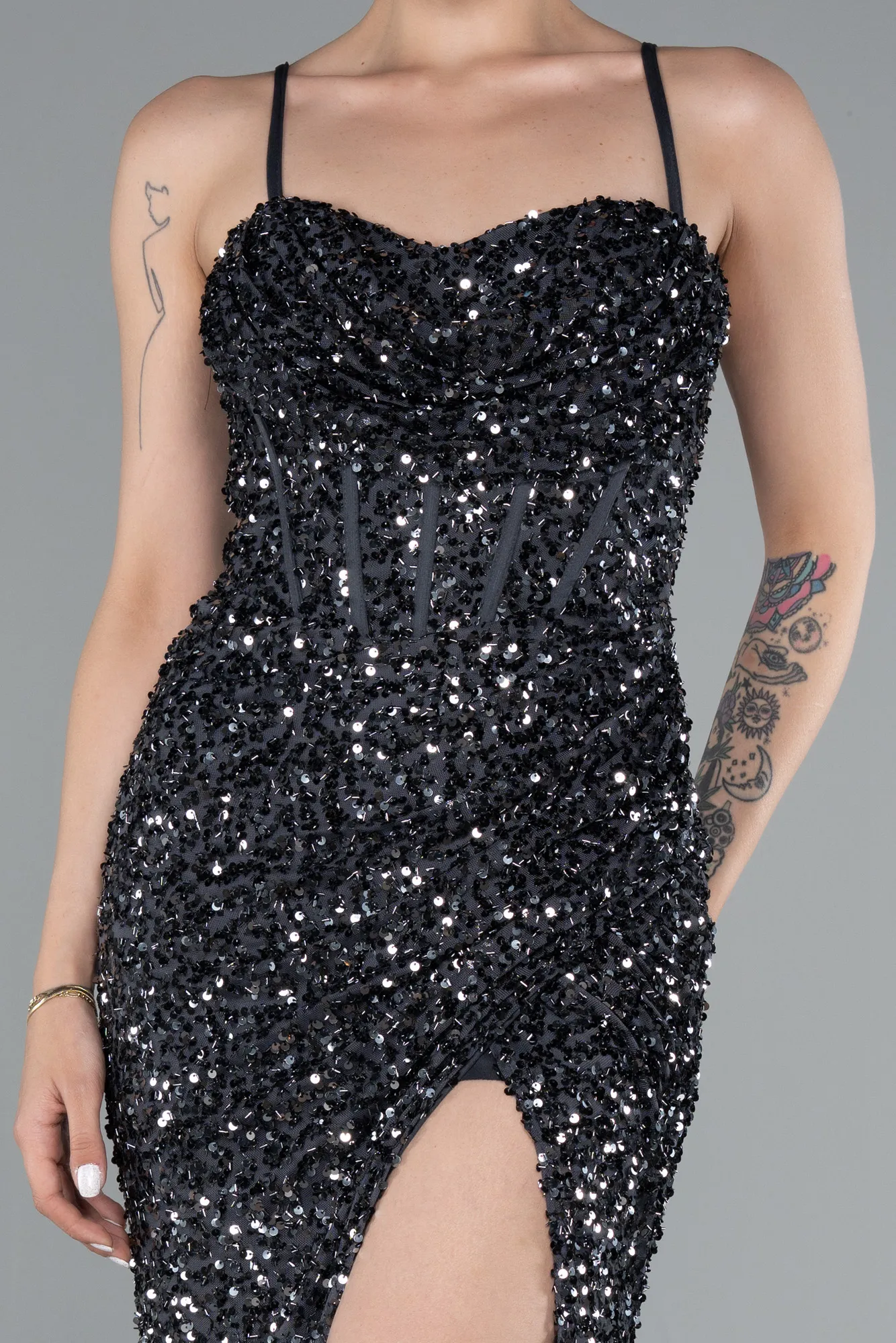 Anthracite-Strapless Underwire Slit Long Sequin Evening Gown ABU4842