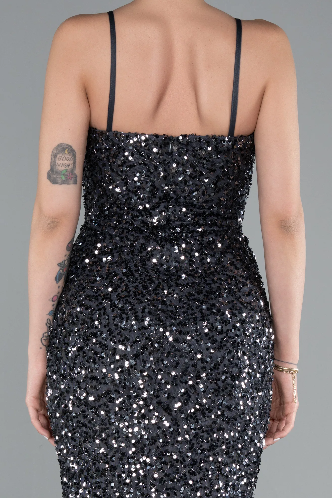 Anthracite-Strapless Underwire Slit Long Sequin Evening Gown ABU4842