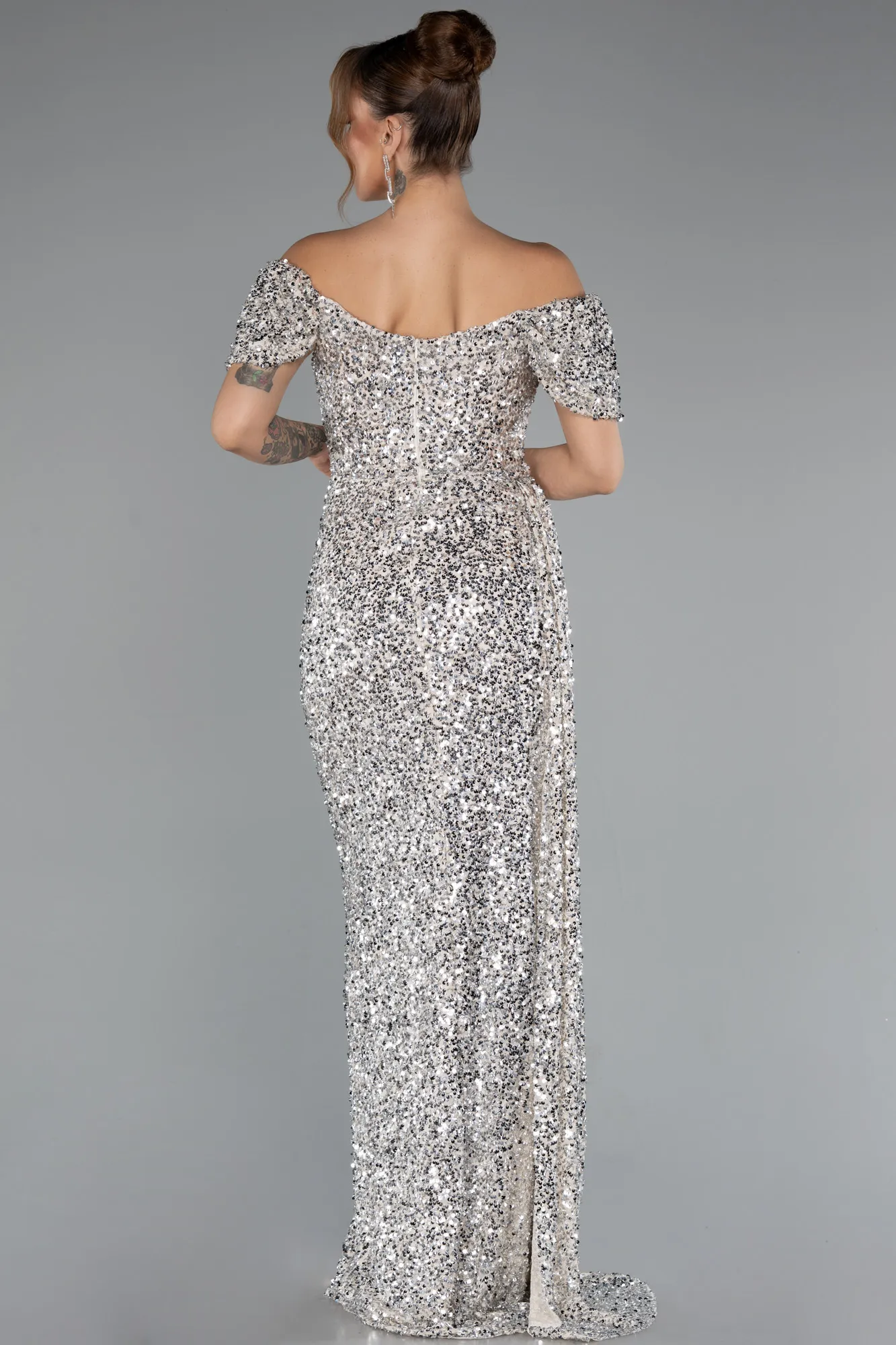 Beige-Boat Neck Slit Long Sequin Evening Gown ABU4843