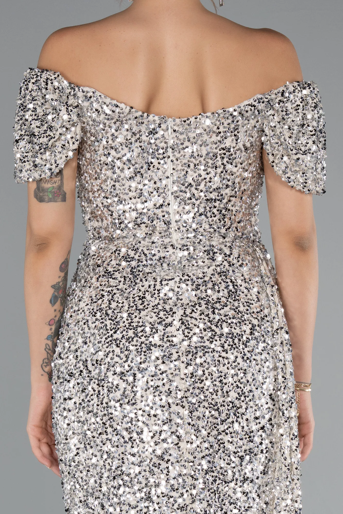 Beige-Boat Neck Slit Long Sequin Evening Gown ABU4843