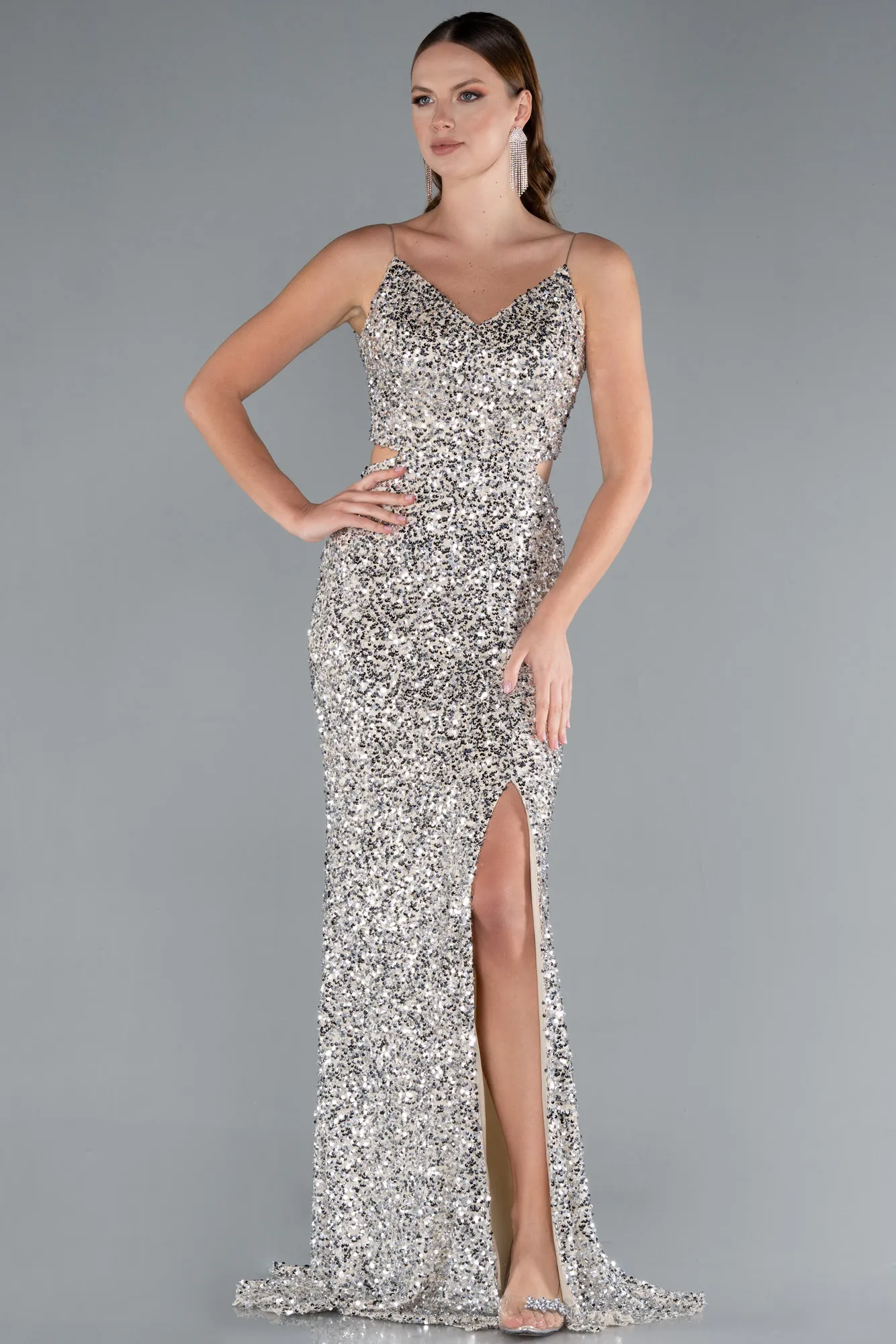 Beige-Cut Out Long Scaly Mermaid Evening Gown ABU4847