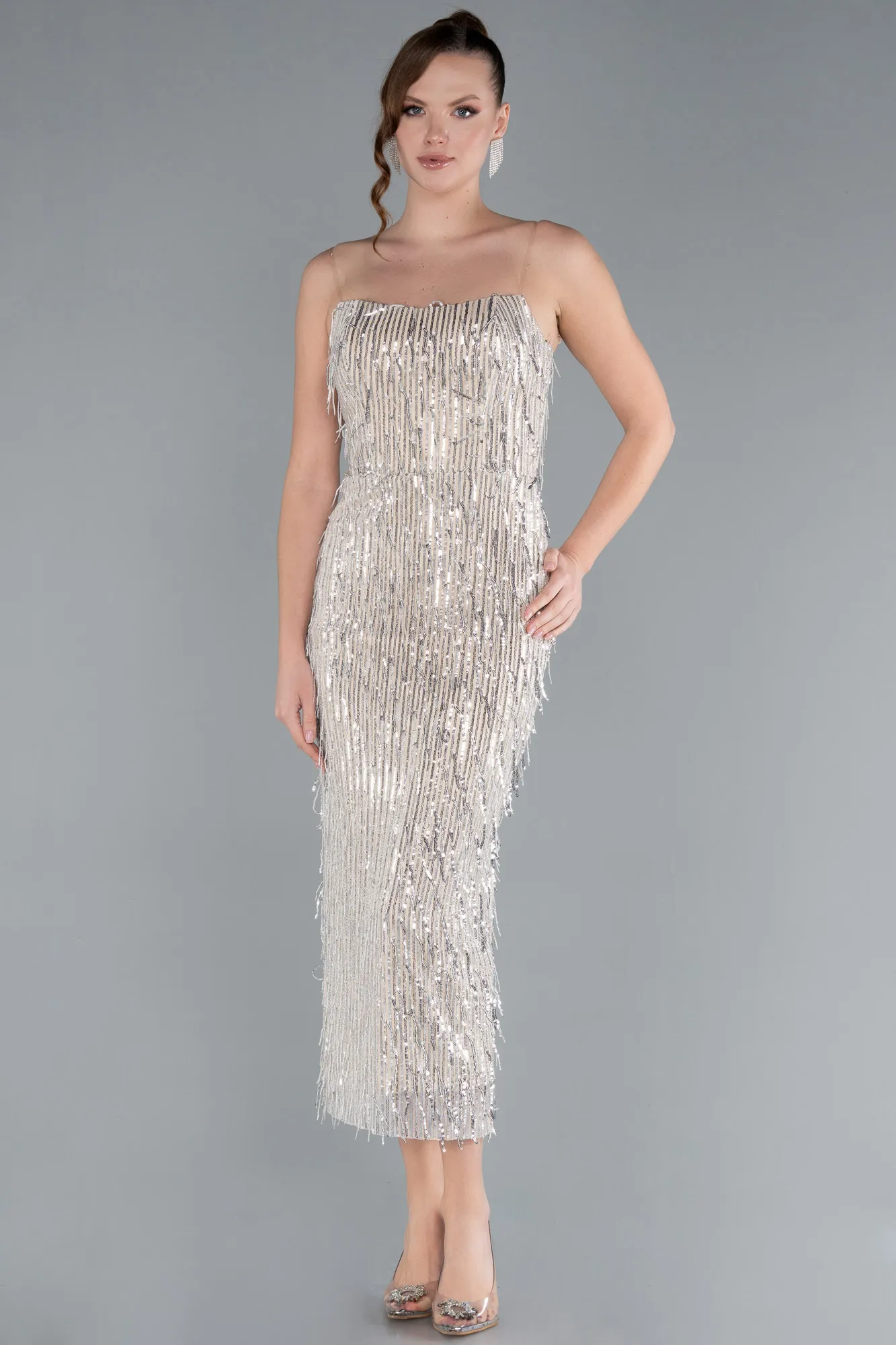 Beige-Fringe Sequin Midi Party Dress ABK2280