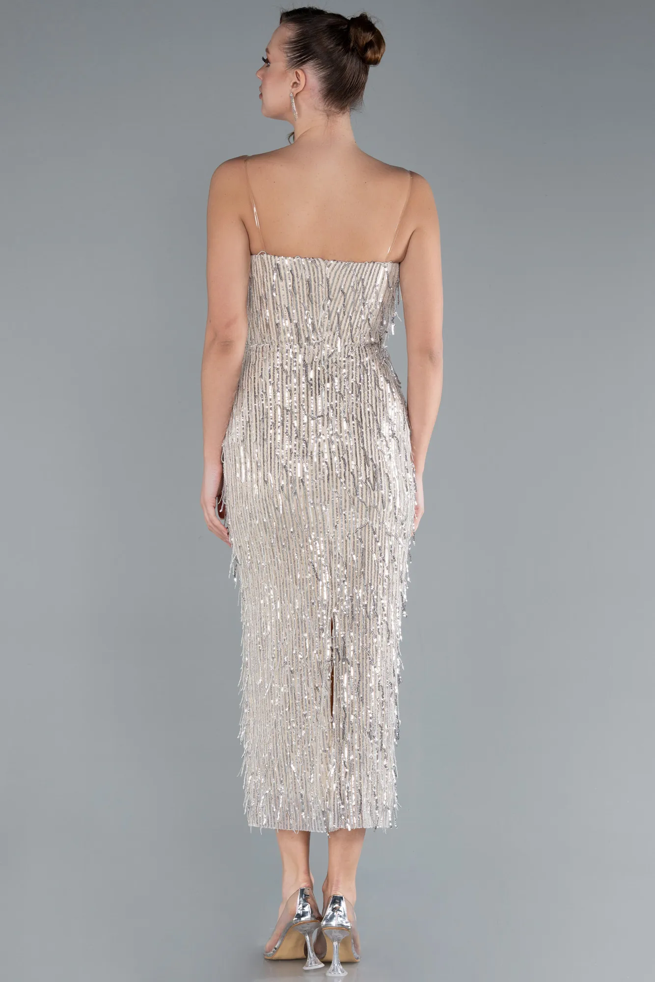Beige-Fringe Sequin Midi Party Dress ABK2280