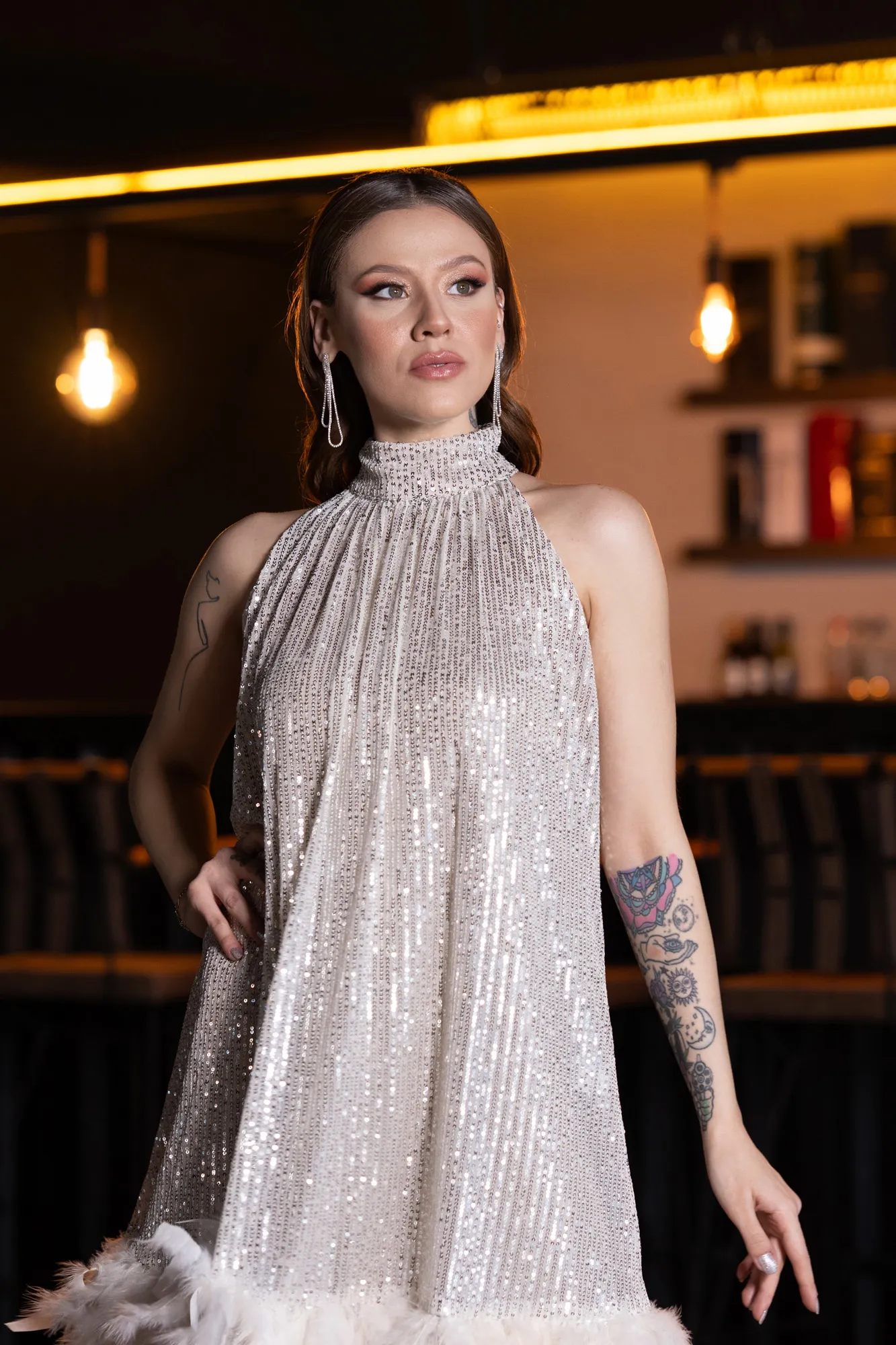 Beige-Halter Neck Feathered Skirt Sequined Party Dress ABK2348