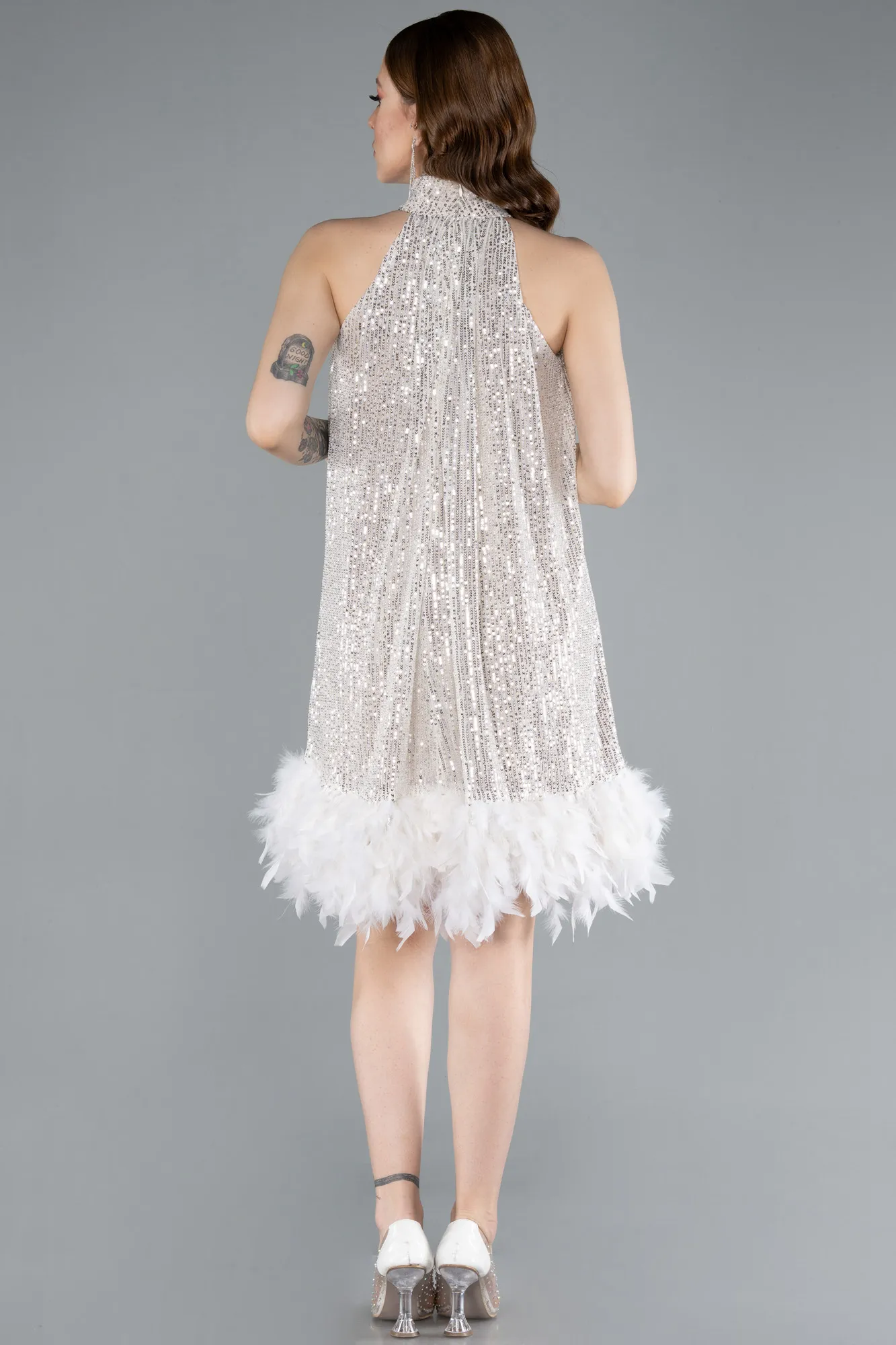 Beige-Halter Neck Feathered Skirt Sequined Party Dress ABK2348