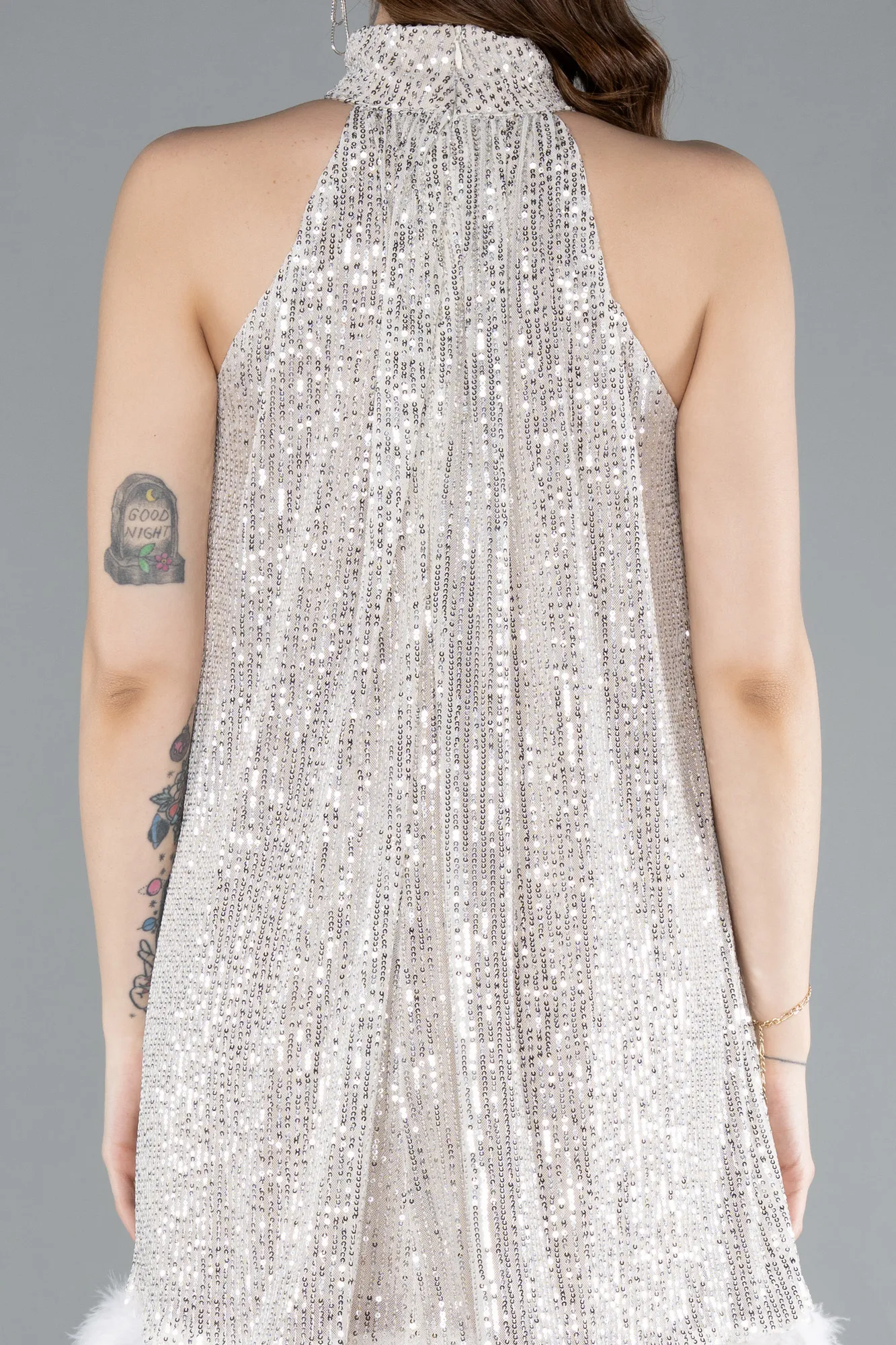 Beige-Halter Neck Feathered Skirt Sequined Party Dress ABK2348