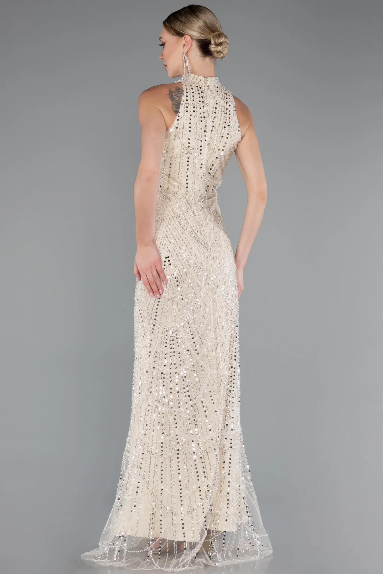 Beige-Halter Neck Long Beaded Mermaid Evening Gown ABU4791
