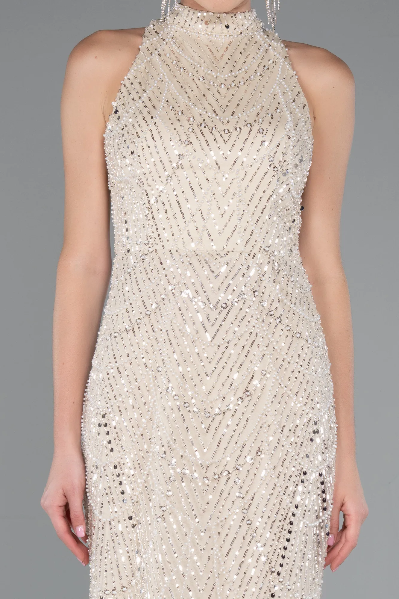 Beige-Halter Neck Long Beaded Mermaid Evening Gown ABU4791