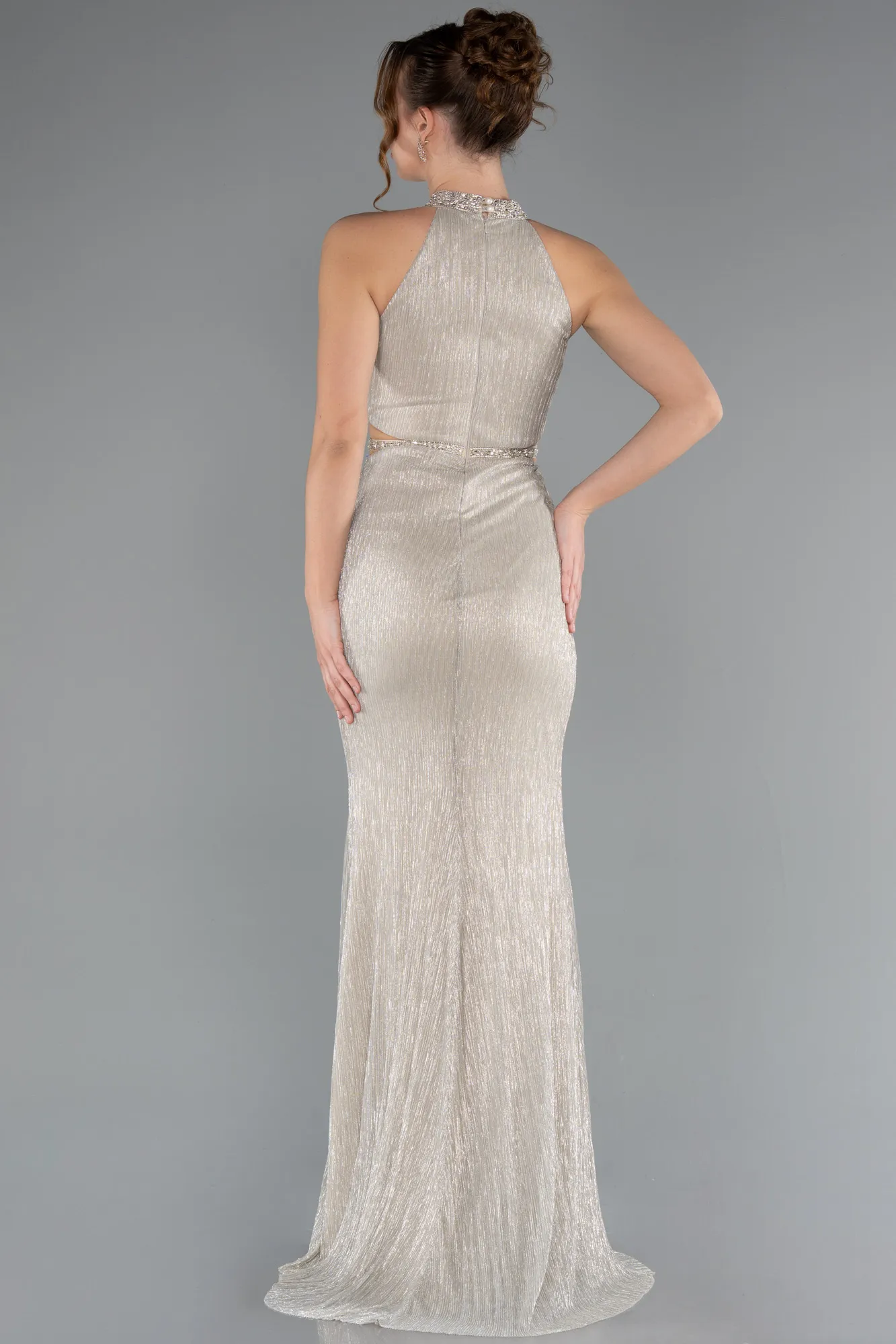 Beige-Halter Neck Slit Long Evening Gown ABU4324