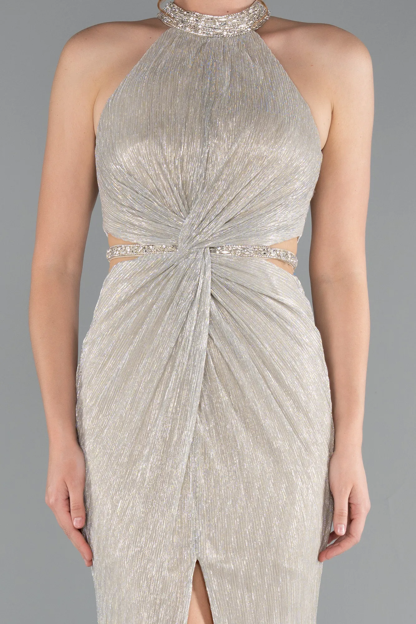 Beige-Halter Neck Slit Long Evening Gown ABU4324