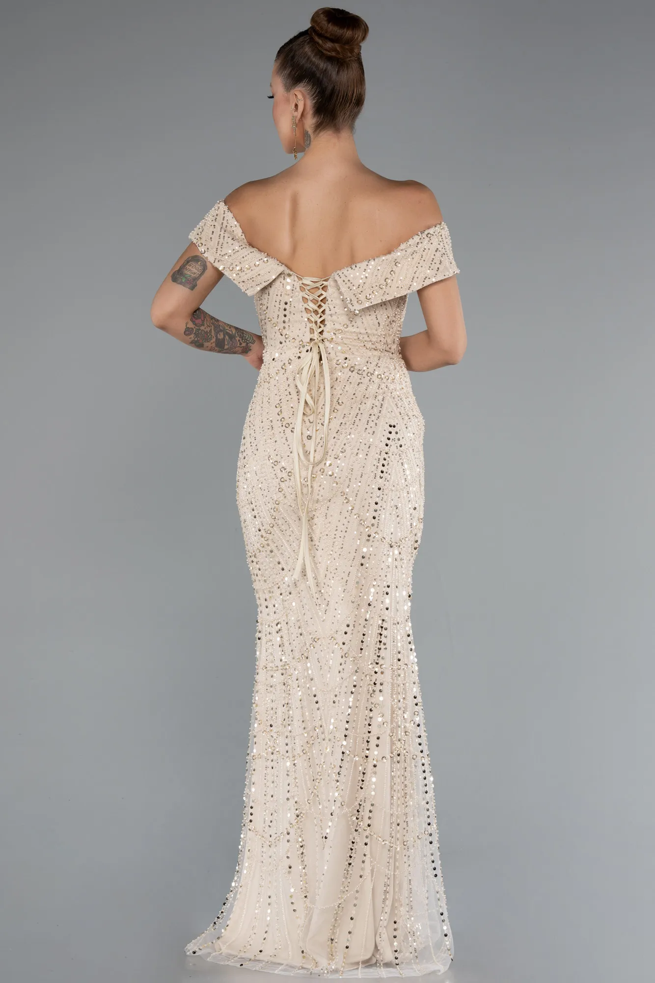 Beige-Long Beaded Evening Dress ABU5137